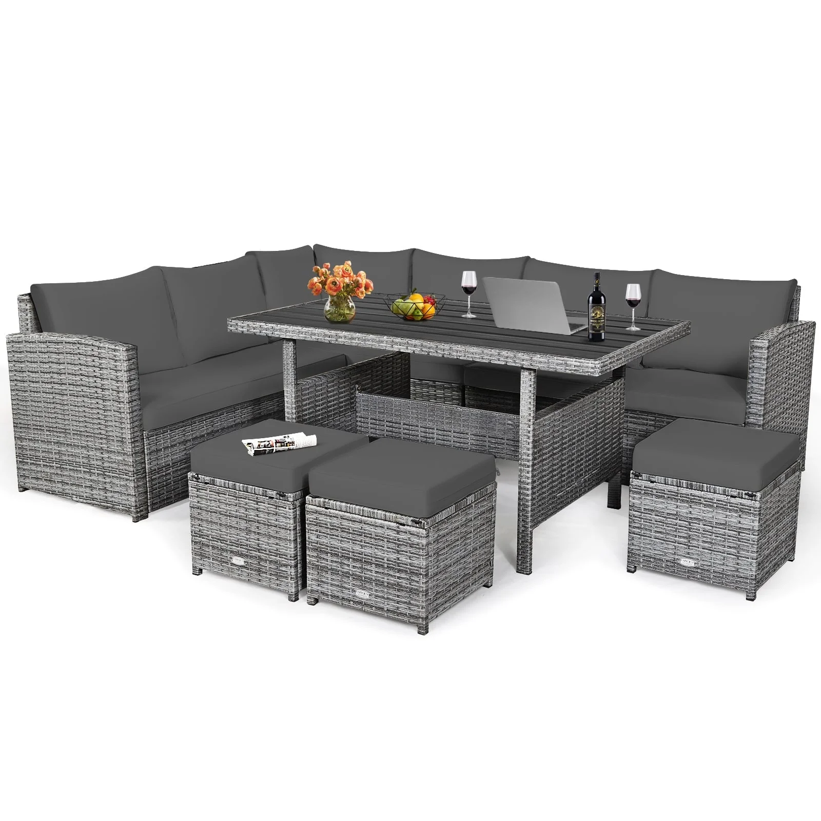 7 Piece Patio Rattan Dining Furniture Set, Sectional Sofa With Ottoman, Gray - Image 4