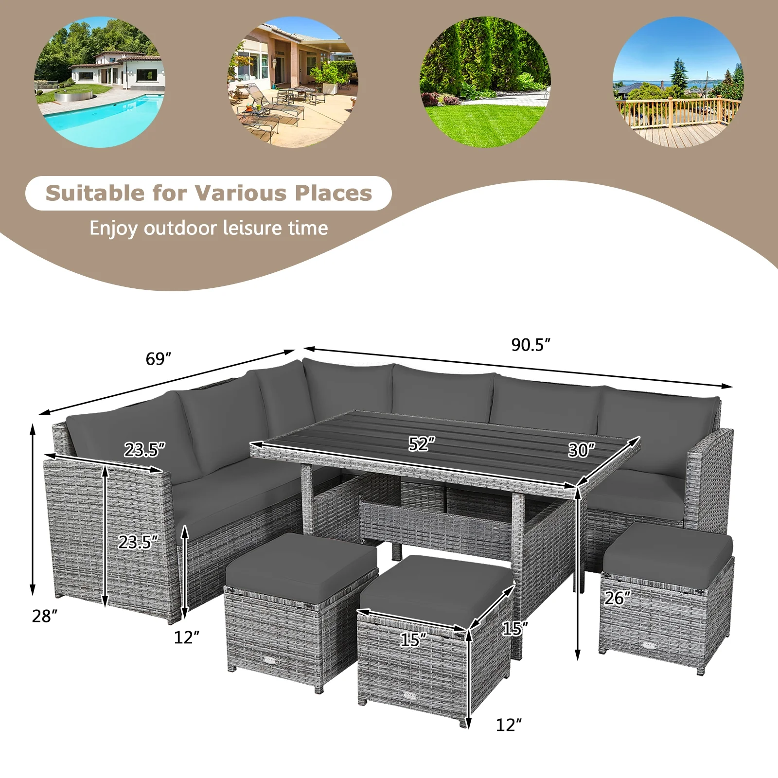 7 Piece Patio Rattan Dining Furniture Set, Sectional Sofa With Ottoman, Gray - Image 5
