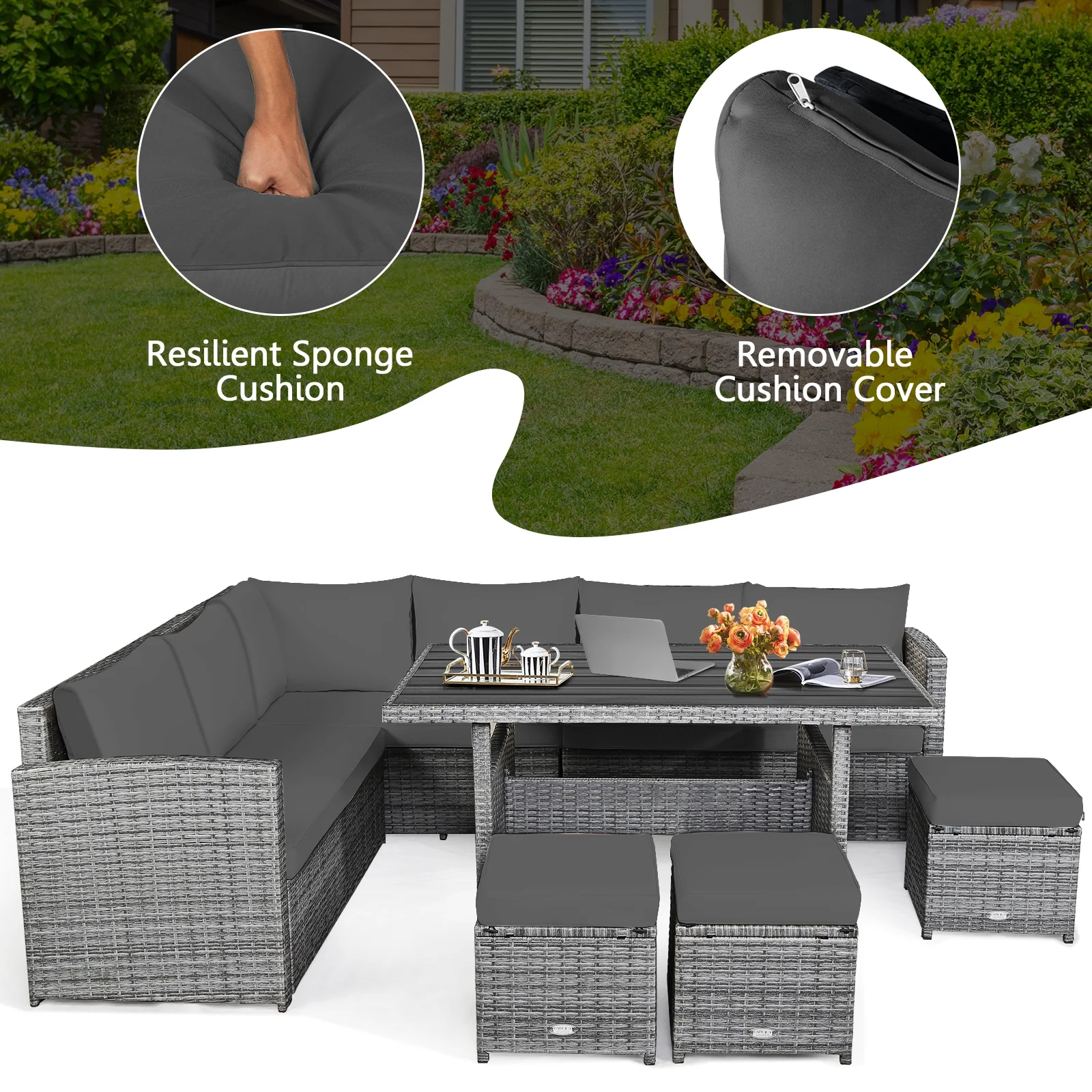 7 Piece Patio Rattan Dining Furniture Set, Sectional Sofa With Ottoman, Gray - Image 6