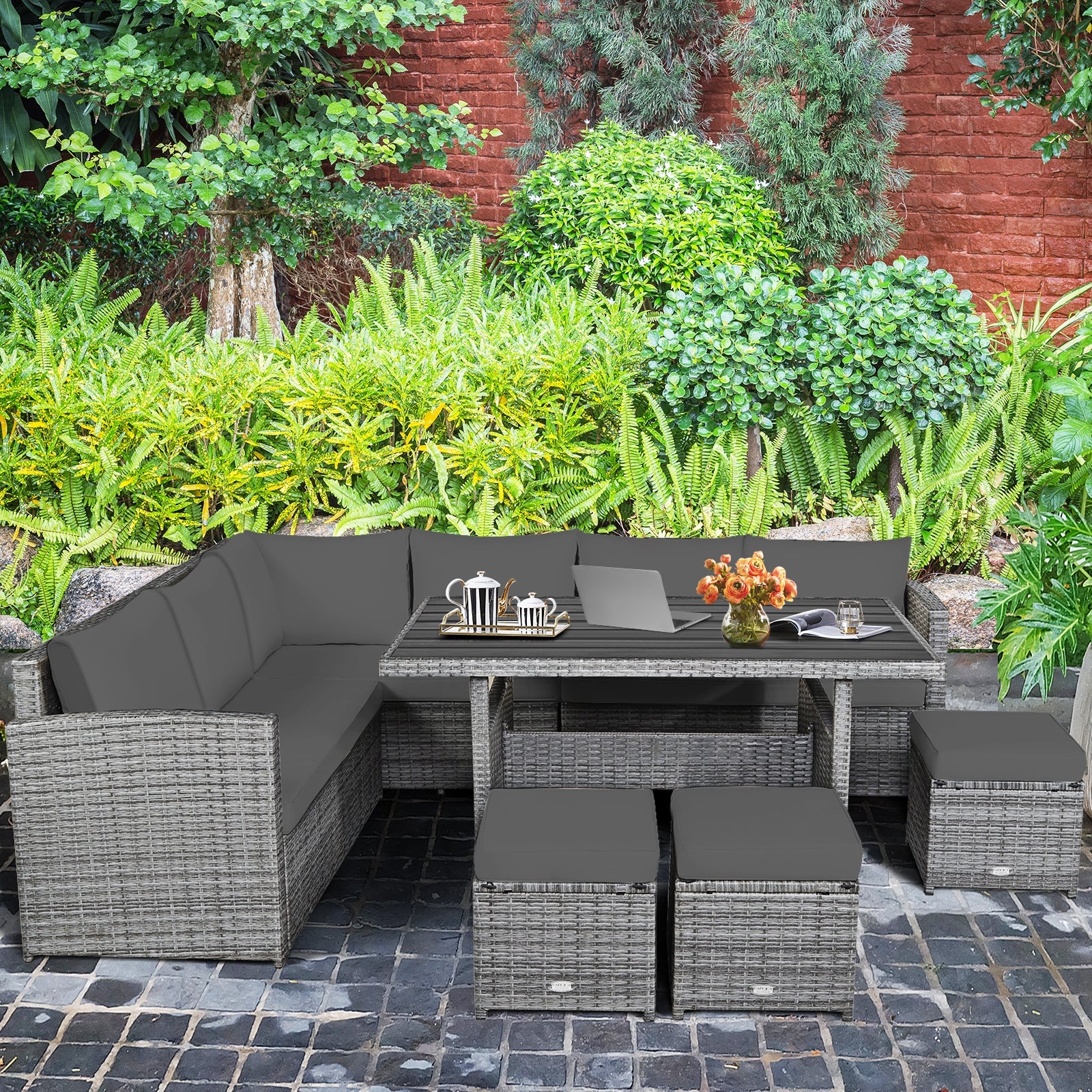 7 Piece Patio Rattan Dining Furniture Set, Sectional Sofa With Ottoman, Gray - Image 7