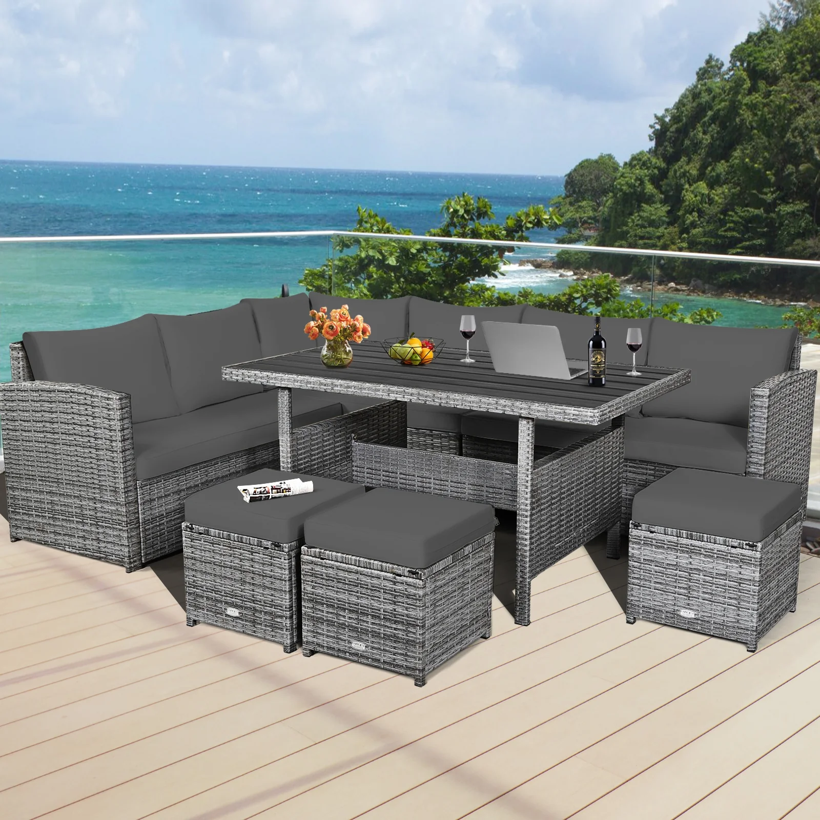 7 Piece Patio Rattan Dining Furniture Set, Sectional Sofa With Ottoman, Gray - Image 8