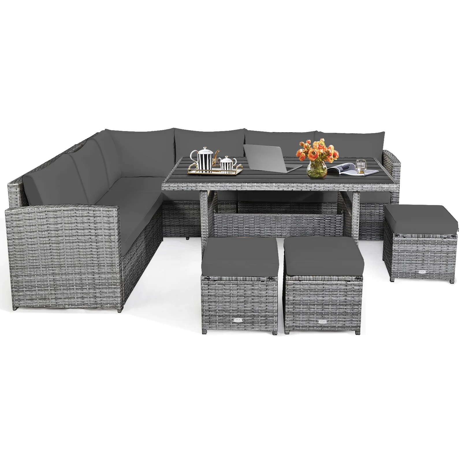 7 Piece Patio Rattan Dining Furniture Set, Sectional Sofa With Ottoman, Gray - Image 9