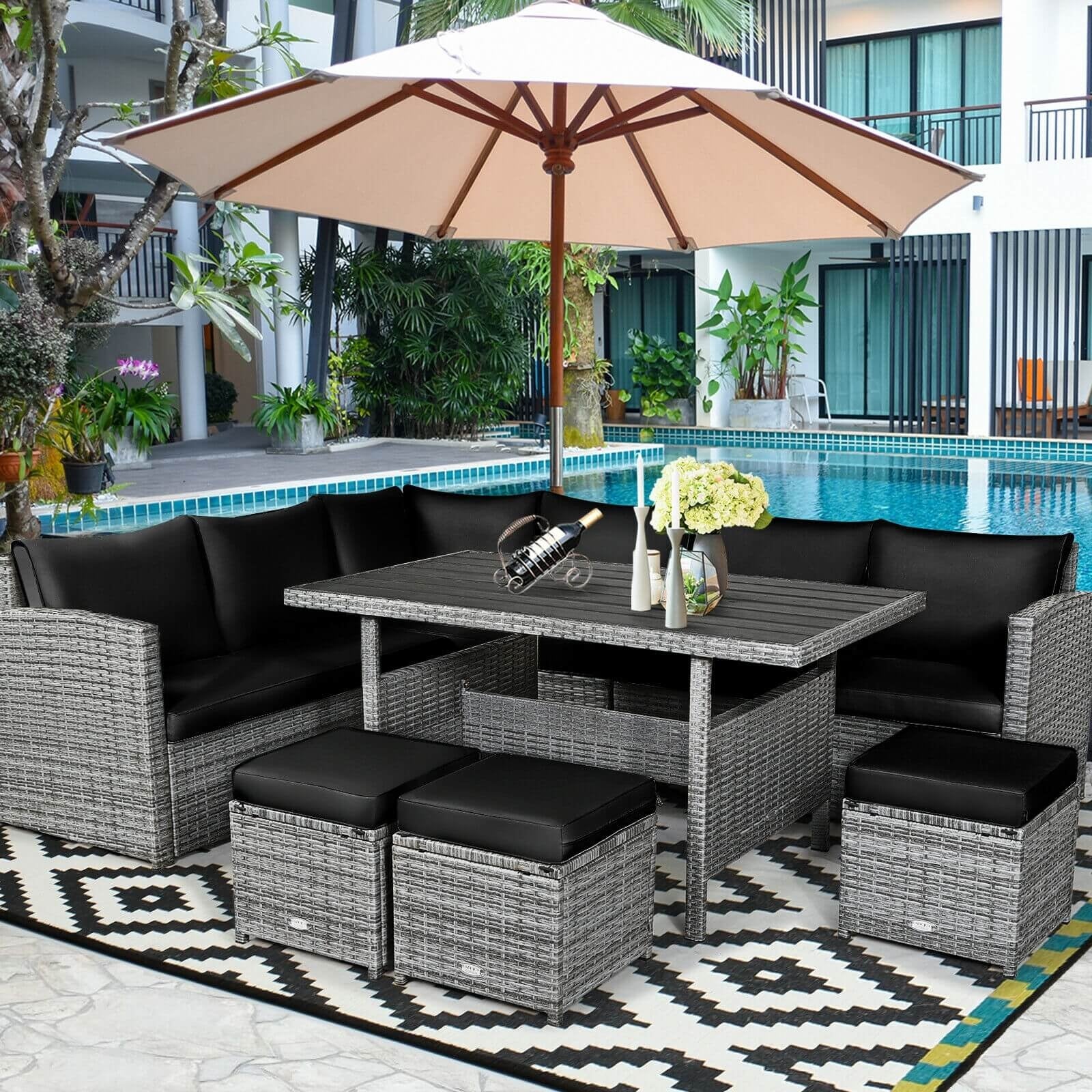 7-Piece Patio Rattan Dining Set, Sectional Sofa, Wicker Ottoman, Black - Image 2