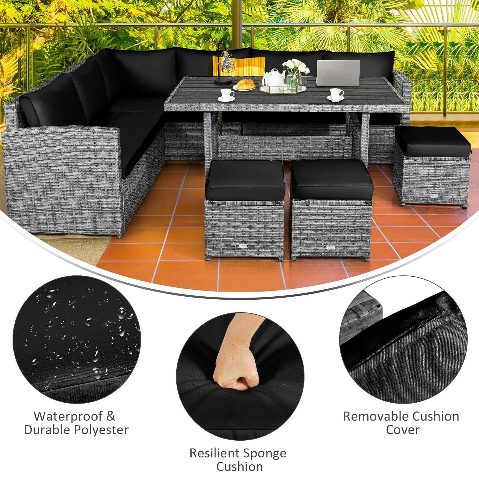 7-Piece Patio Rattan Dining Set, Sectional Sofa, Wicker Ottoman, Black - Image 3