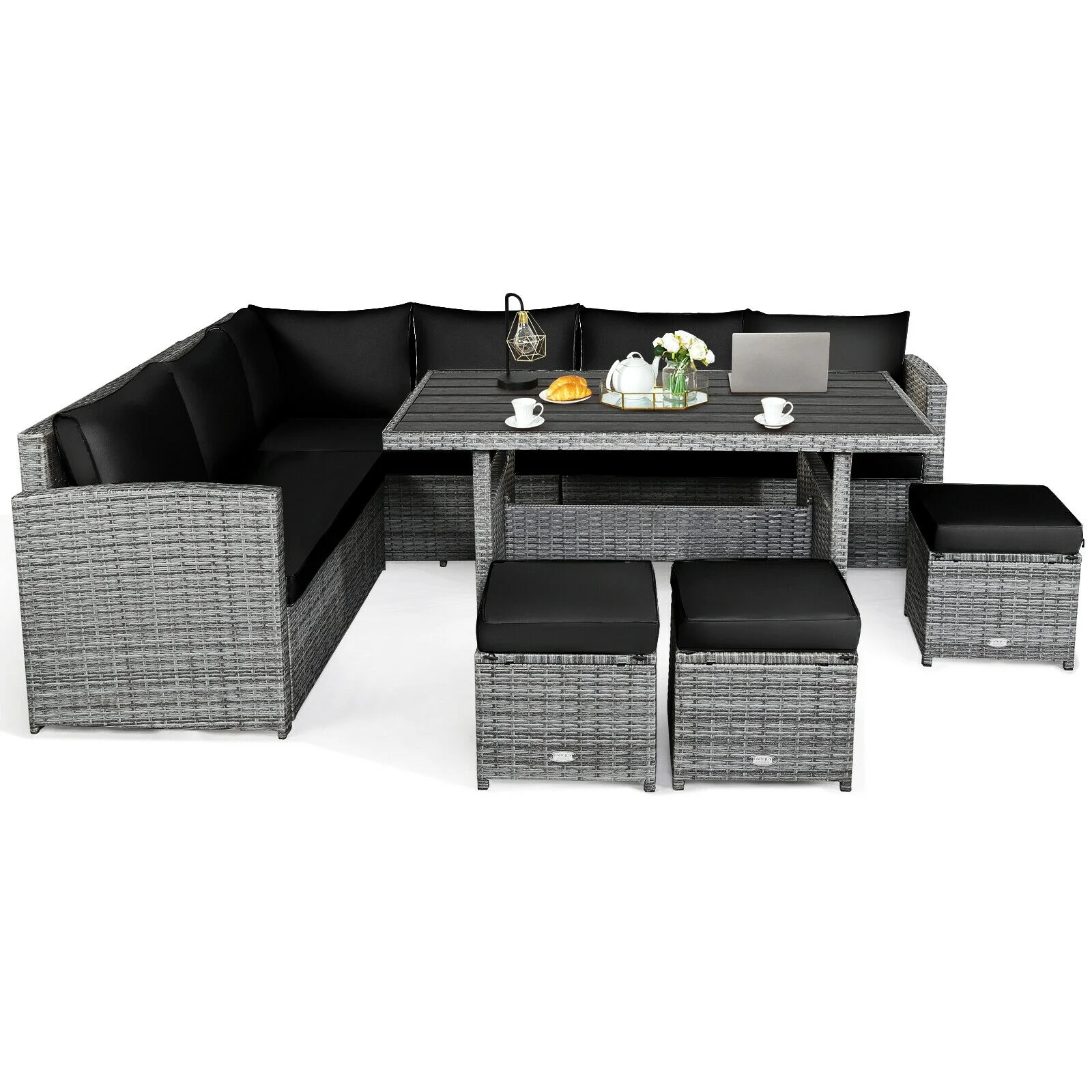 7-Piece Patio Rattan Dining Set, Sectional Sofa, Wicker Ottoman, Black - Image 4