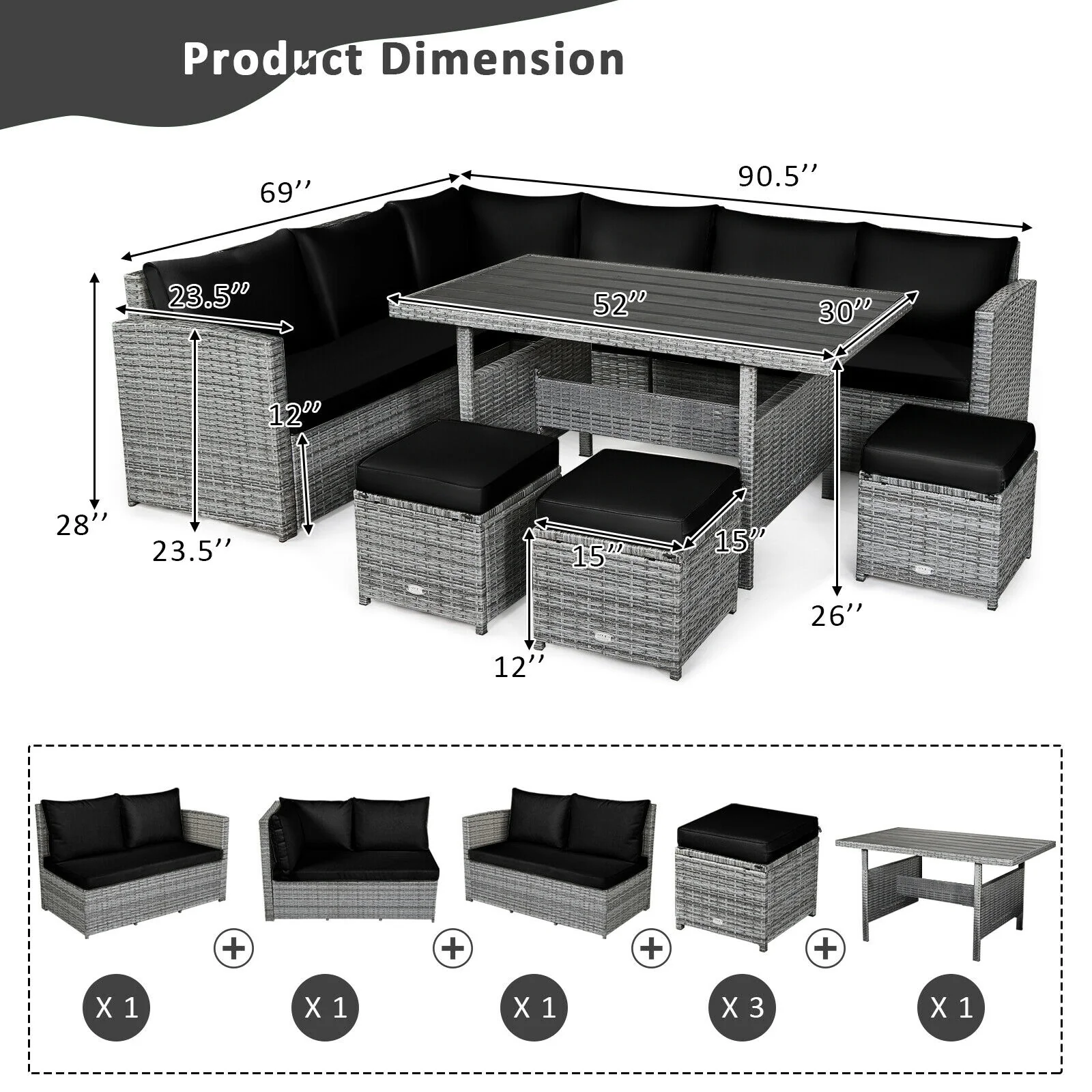 7-Piece Patio Rattan Dining Set, Sectional Sofa, Wicker Ottoman, Black - Image 5