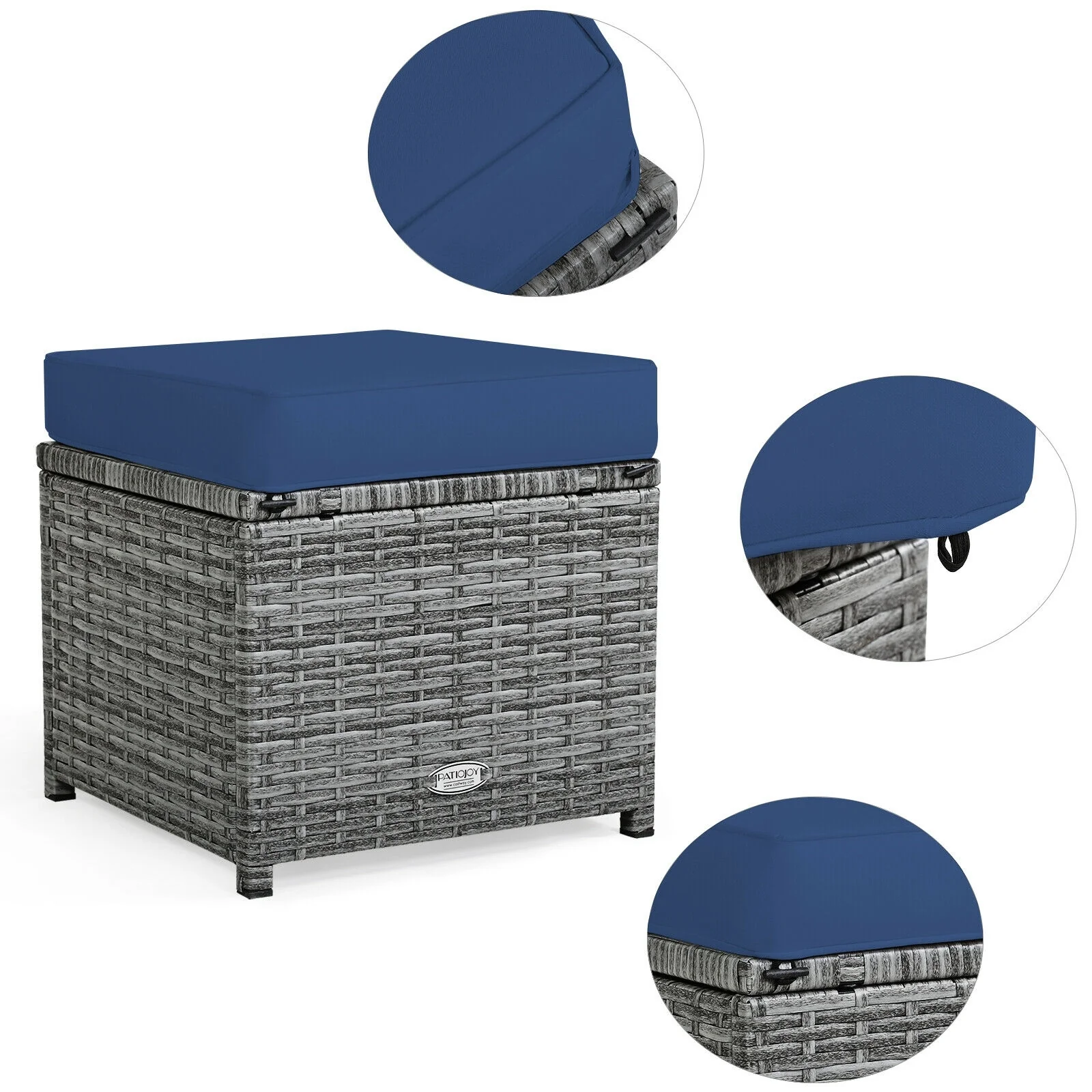 7 Piece Patio Rattan Dining Set, Sectional Sofa With Ottoman, Navy - Image 10