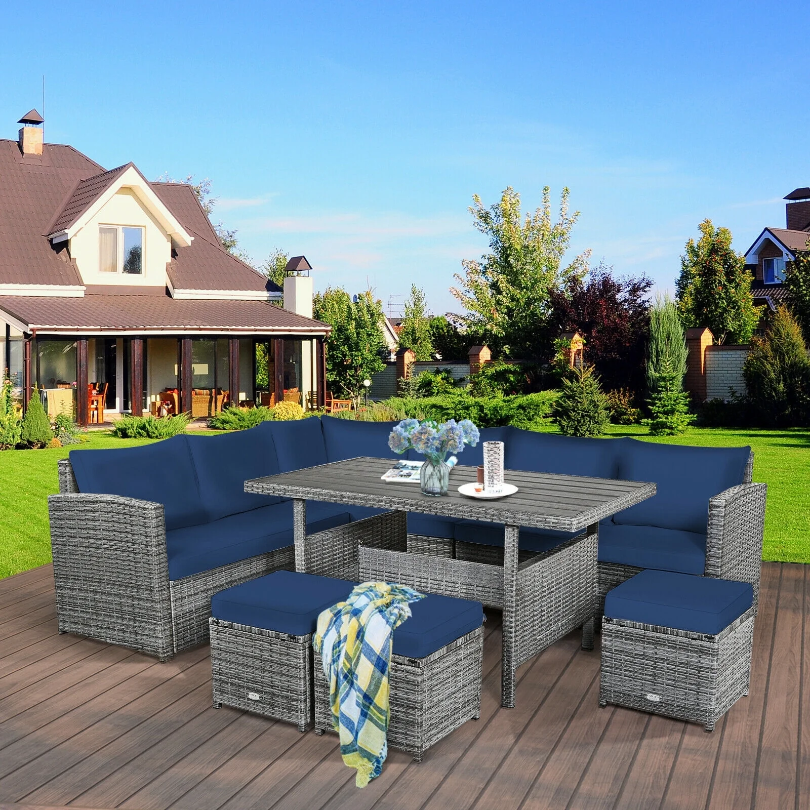 7 Piece Patio Rattan Dining Set, Sectional Sofa With Ottoman, Navy - Image 2