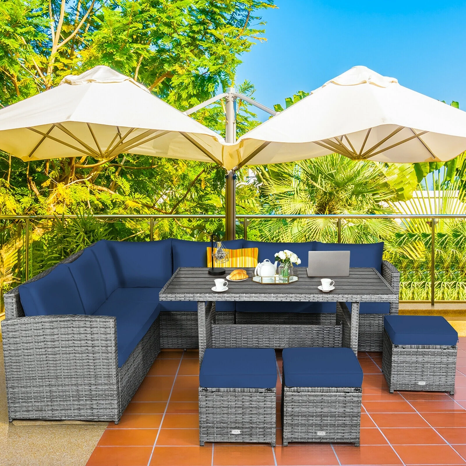 7 Piece Patio Rattan Dining Set, Sectional Sofa With Ottoman, Navy - Image 3