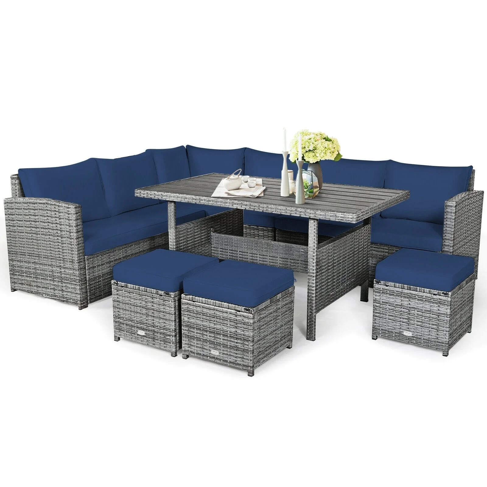7 Piece Patio Rattan Dining Set, Sectional Sofa With Ottoman, Navy - Image 4