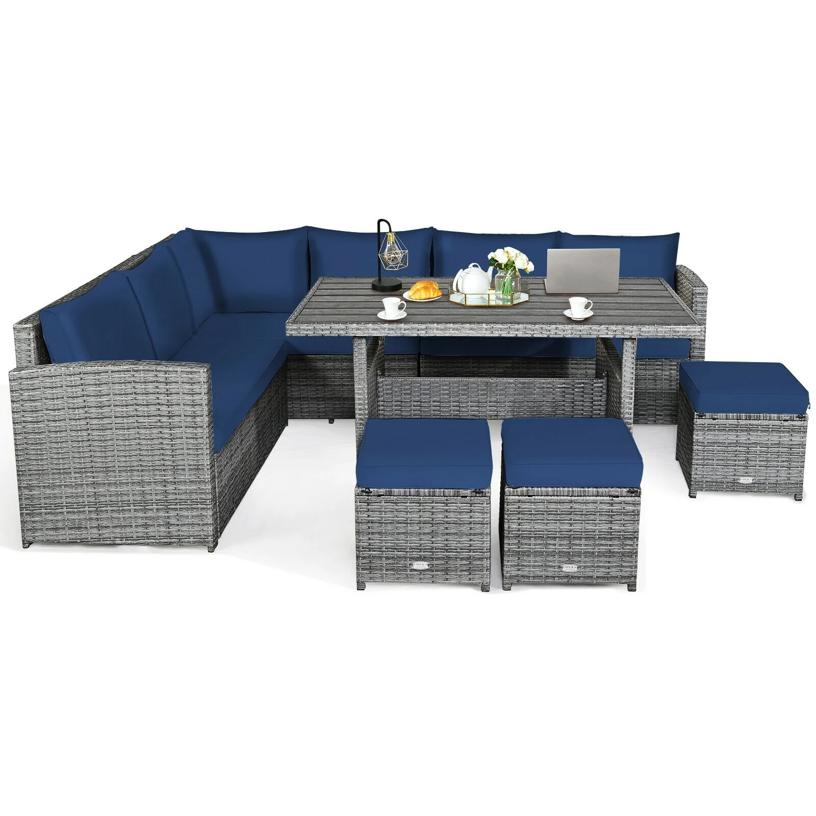 7 Piece Patio Rattan Dining Set, Sectional Sofa With Ottoman, Navy - Image 5