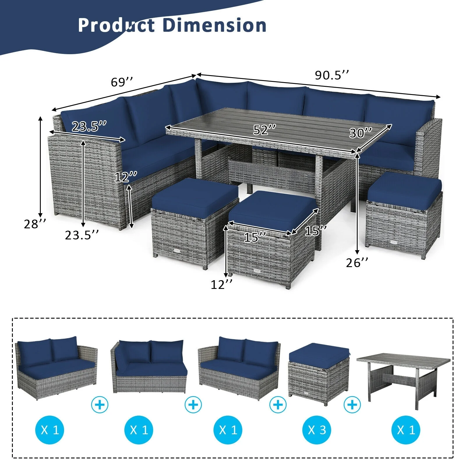 7 Piece Patio Rattan Dining Set, Sectional Sofa With Ottoman, Navy - Image 6