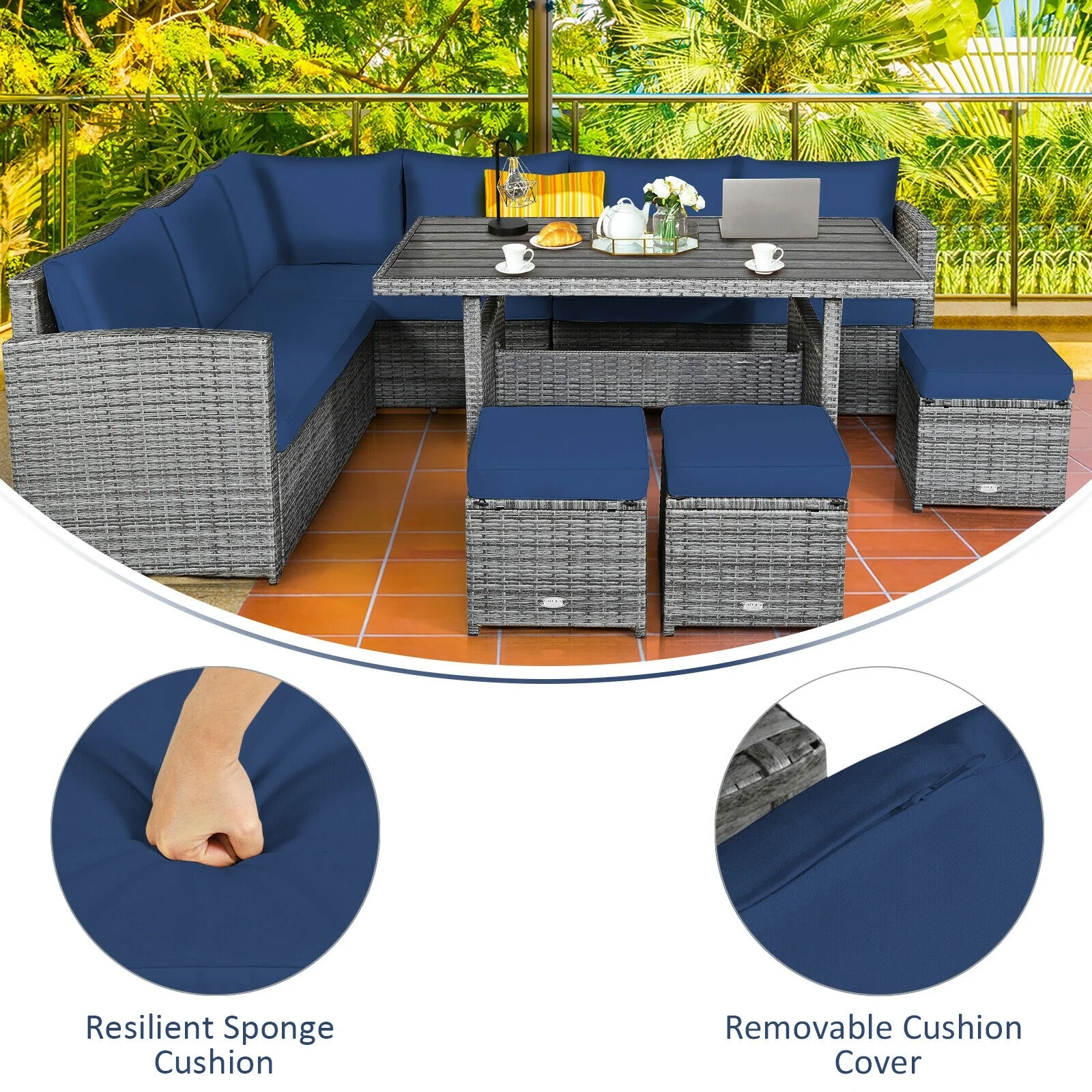 7 Piece Patio Rattan Dining Set, Sectional Sofa With Ottoman, Navy - Image 9