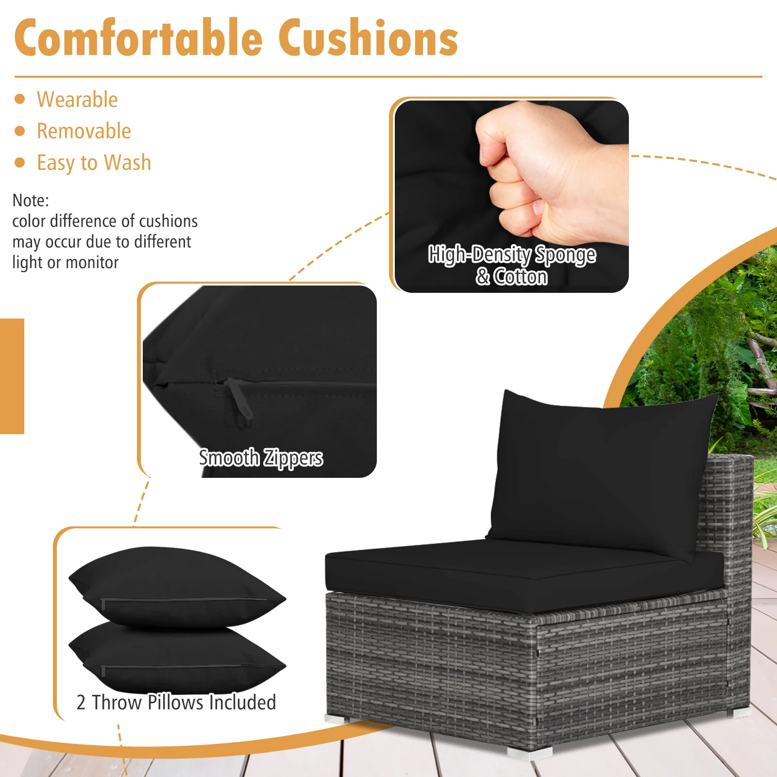 7 Piece Patio Rattan Furniture Set, Sectional Sofa, Black - Image 10