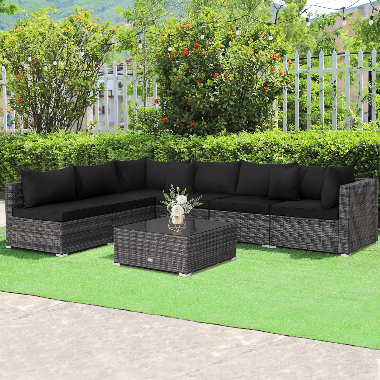 7 Piece Patio Rattan Furniture Set, Sectional Sofa, Black - Image 2