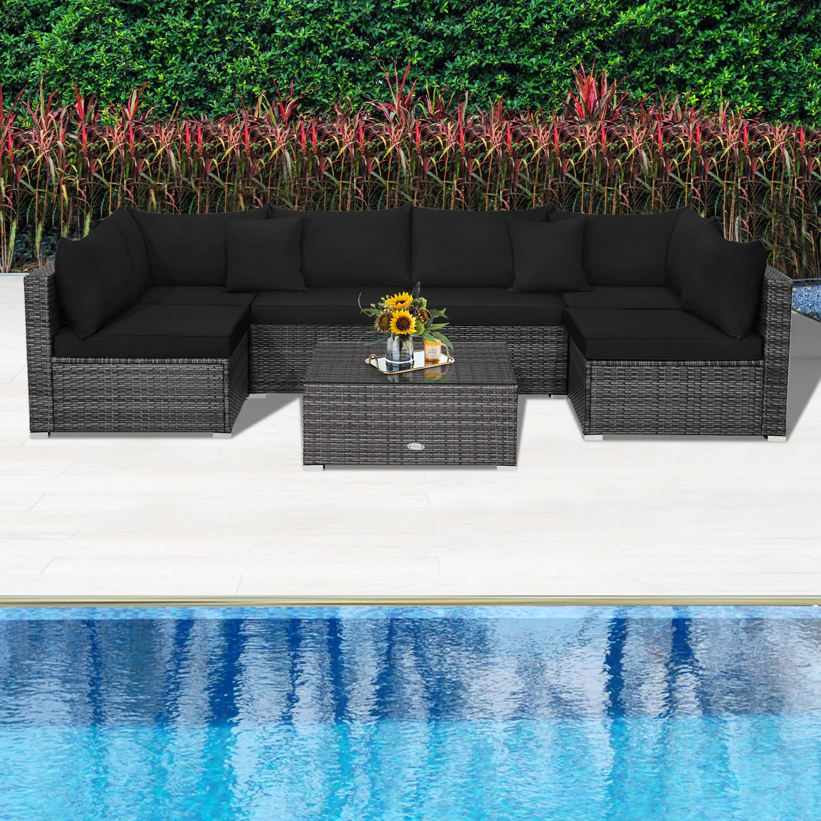 7 Piece Patio Rattan Furniture Set, Sectional Sofa, Black - Image 3