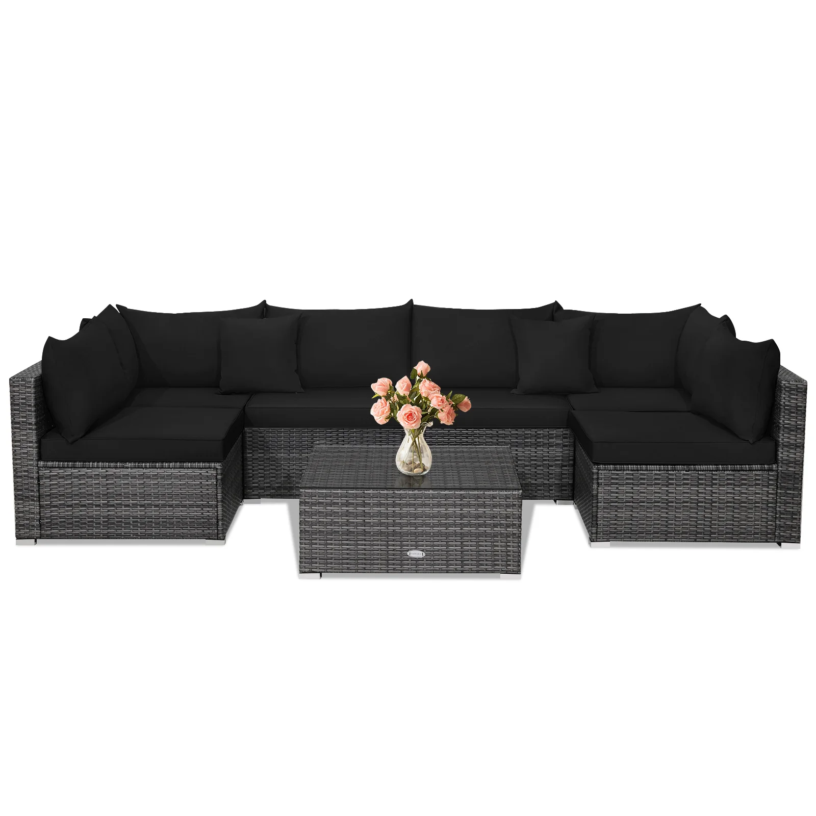 7 Piece Patio Rattan Furniture Set, Sectional Sofa, Black - Image 5