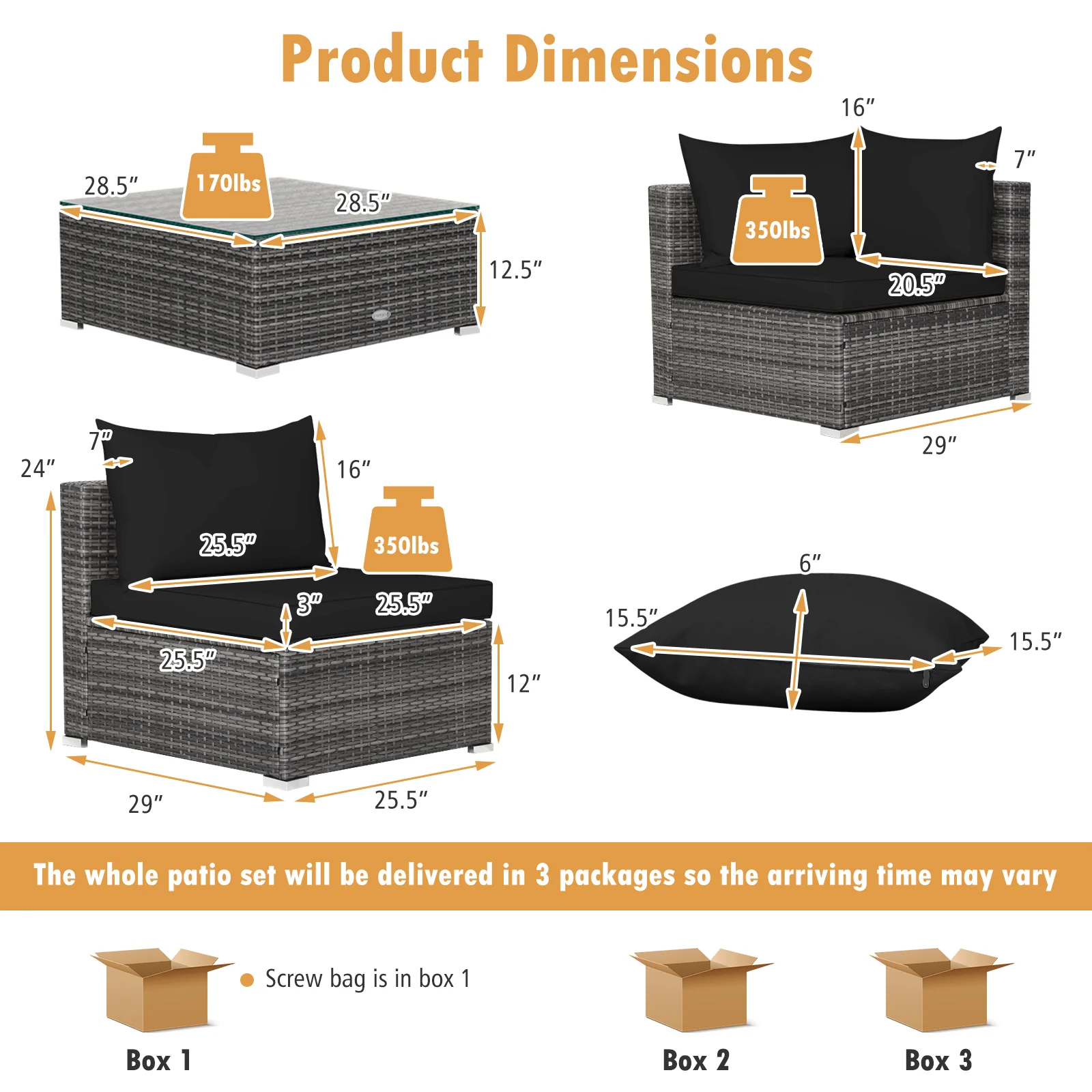 7 Piece Patio Rattan Furniture Set, Sectional Sofa, Black - Image 6