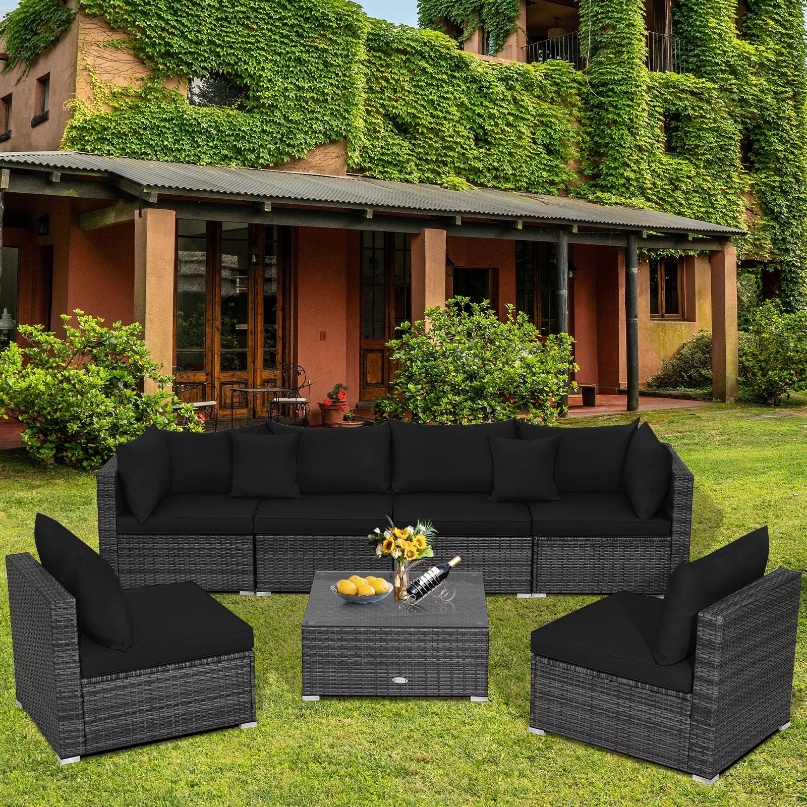 7 Piece Patio Rattan Furniture Set, Sectional Sofa, Black - Image 7