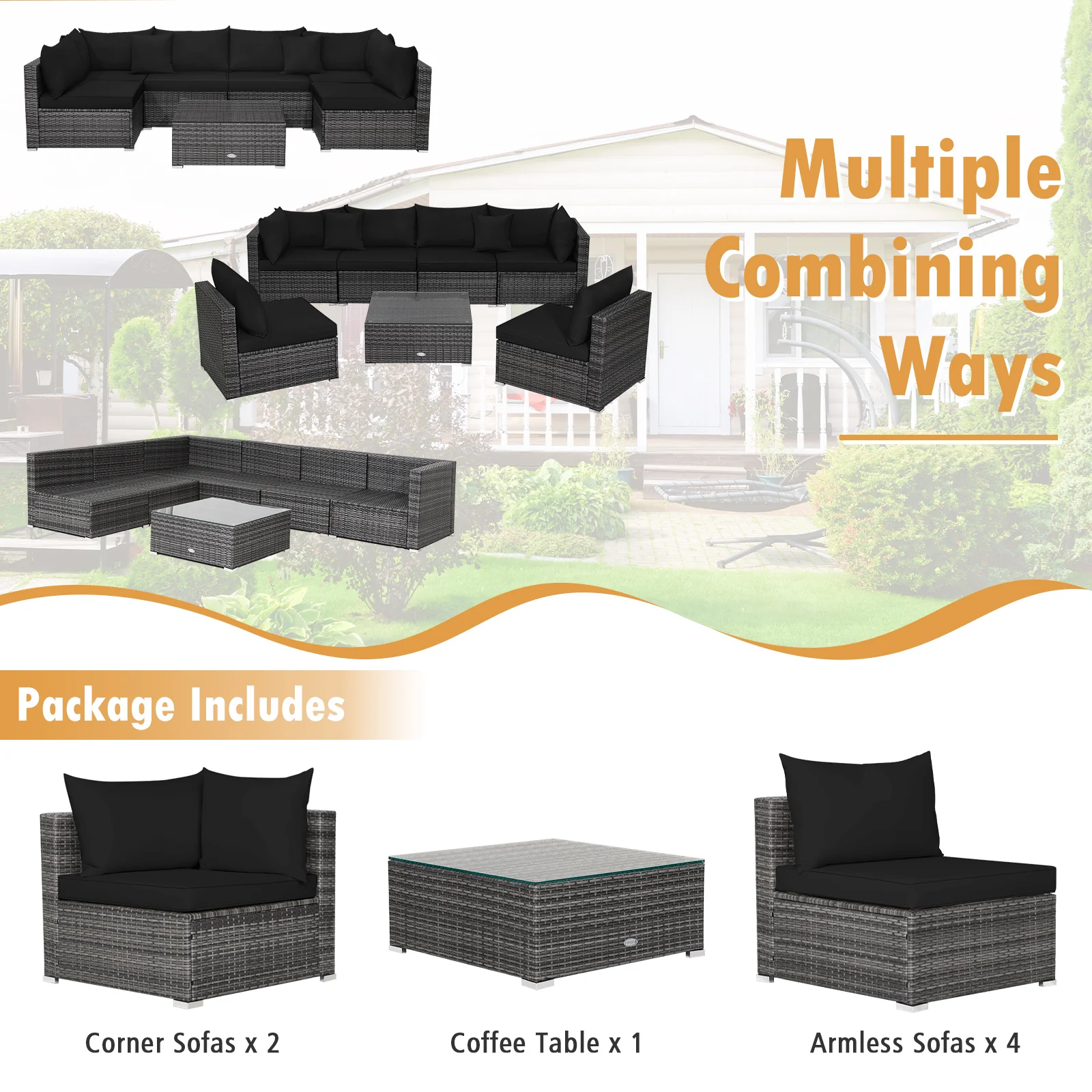7 Piece Patio Rattan Furniture Set, Sectional Sofa, Black - Image 9