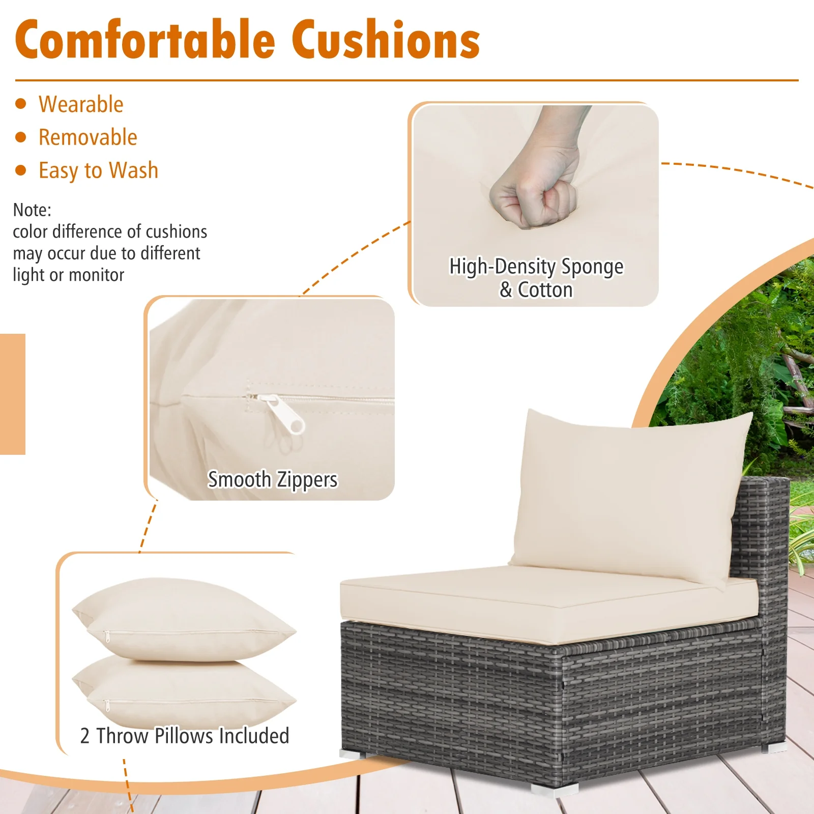 7-Piece Patio Rattan Furniture Set, Sectional Sofa Cushioned, Beige - Image 10