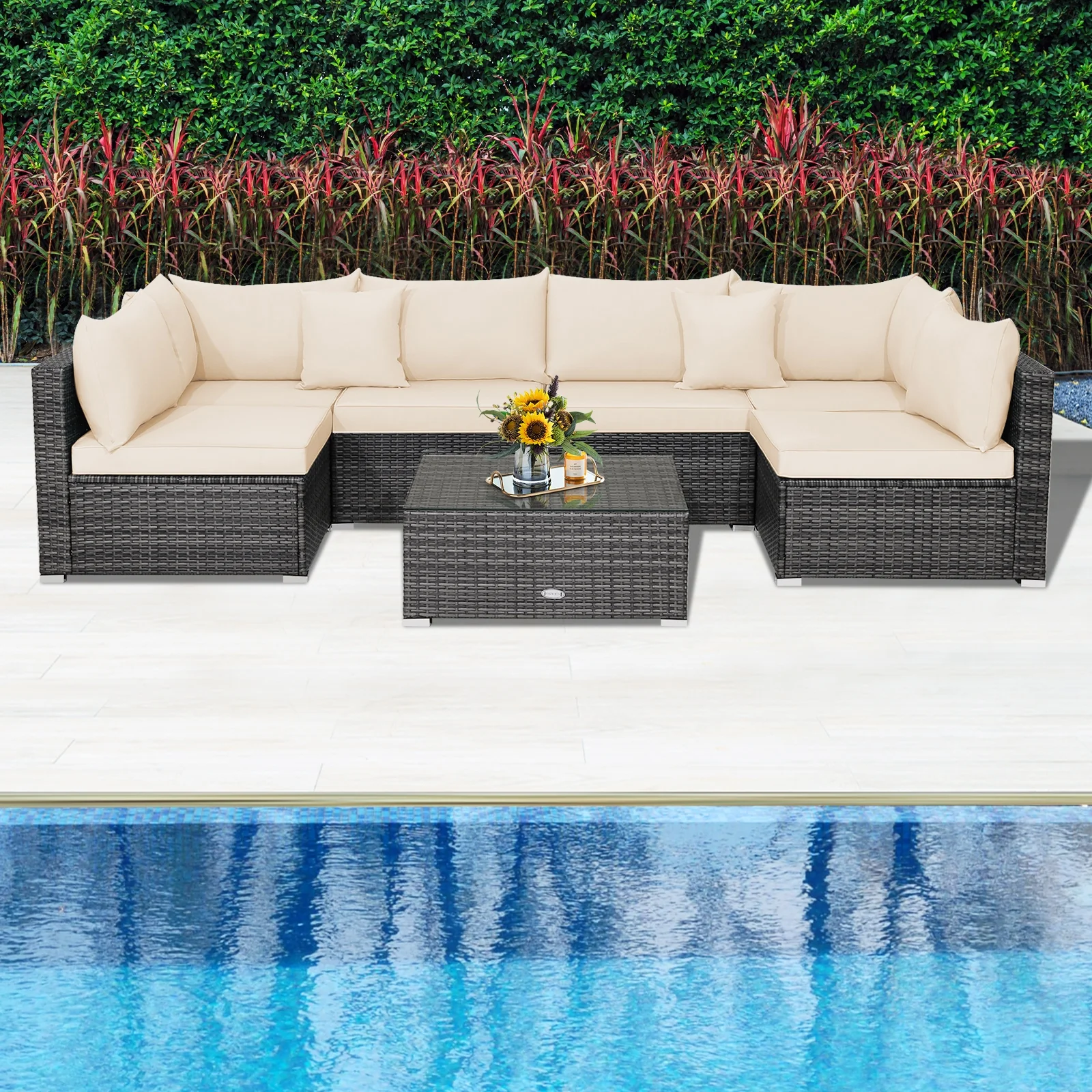 7-Piece Patio Rattan Furniture Set, Sectional Sofa Cushioned, Beige - Image 2