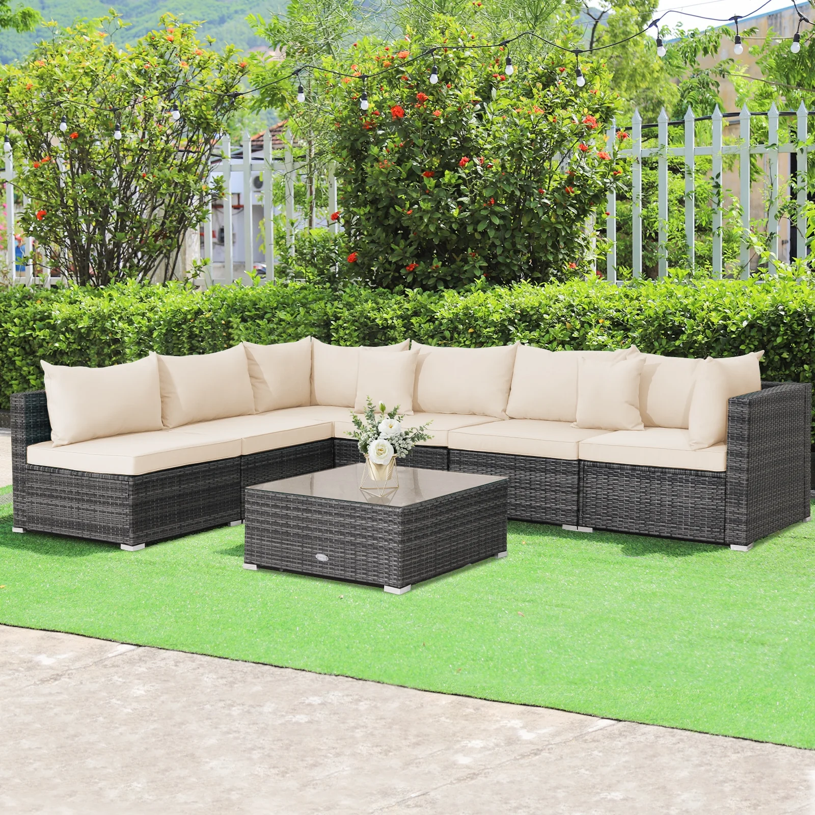 7-Piece Patio Rattan Furniture Set, Sectional Sofa Cushioned, Beige - Image 3