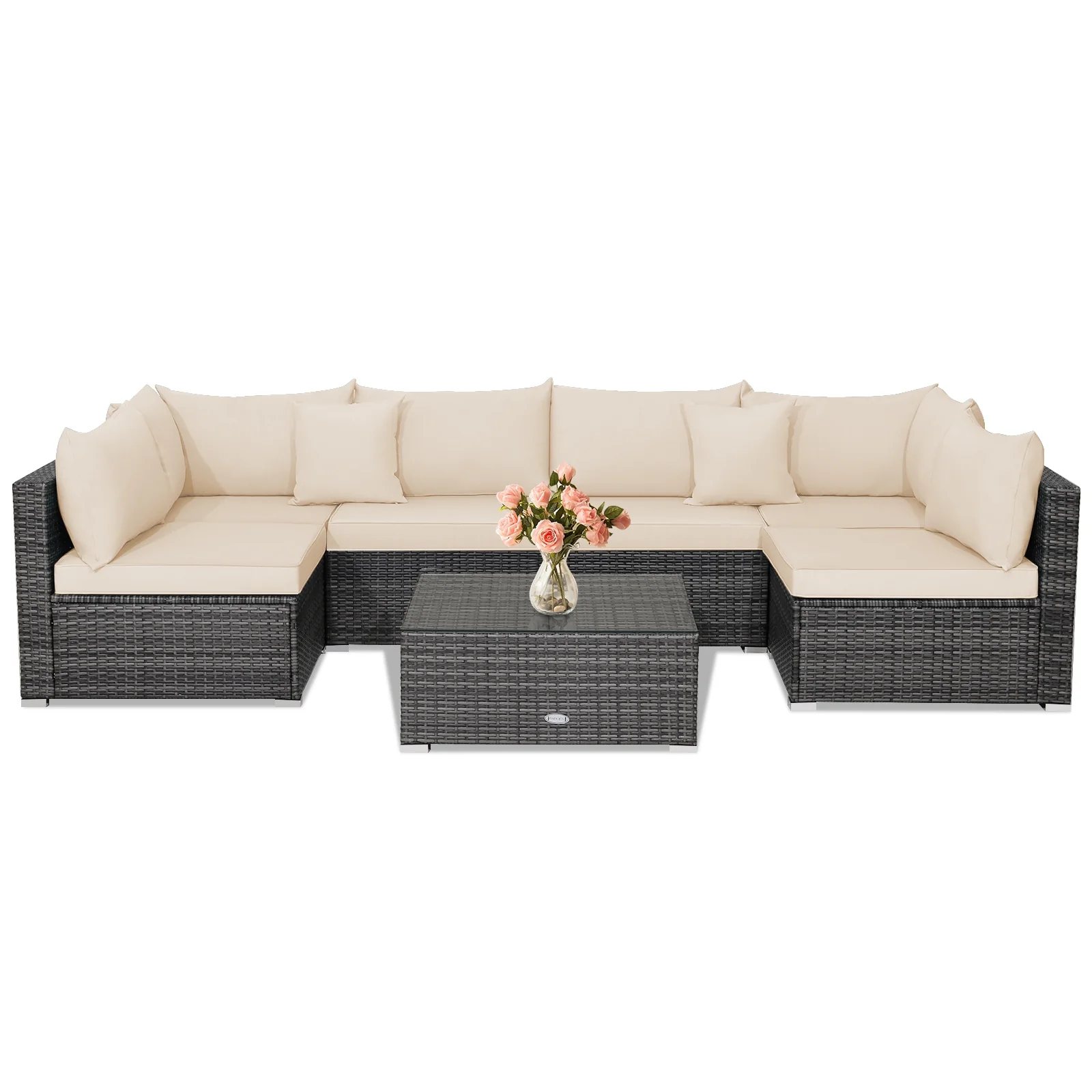 7-Piece Patio Rattan Furniture Set, Sectional Sofa Cushioned, Beige - Image 5