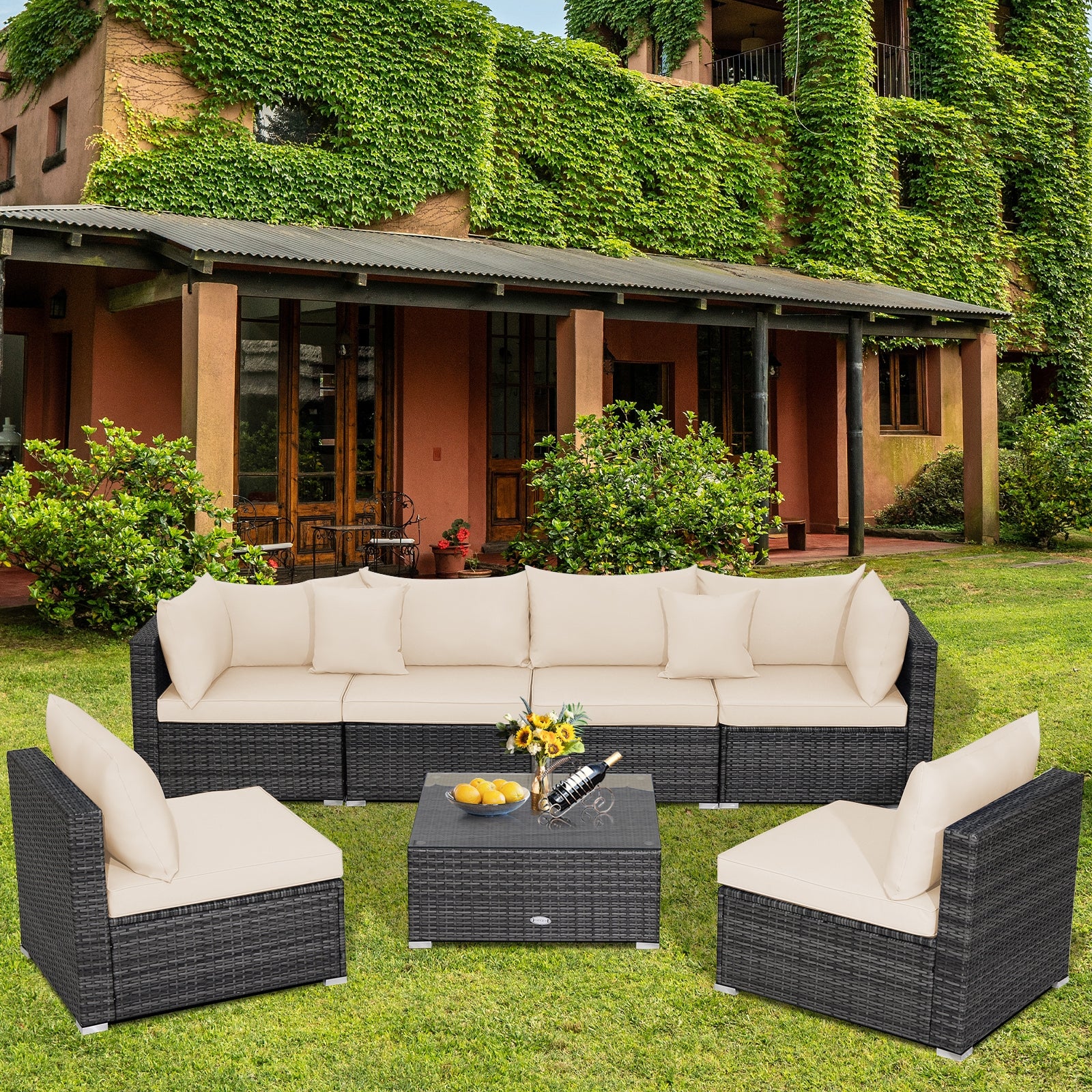 7-Piece Patio Rattan Furniture Set, Sectional Sofa Cushioned, Beige - Image 7
