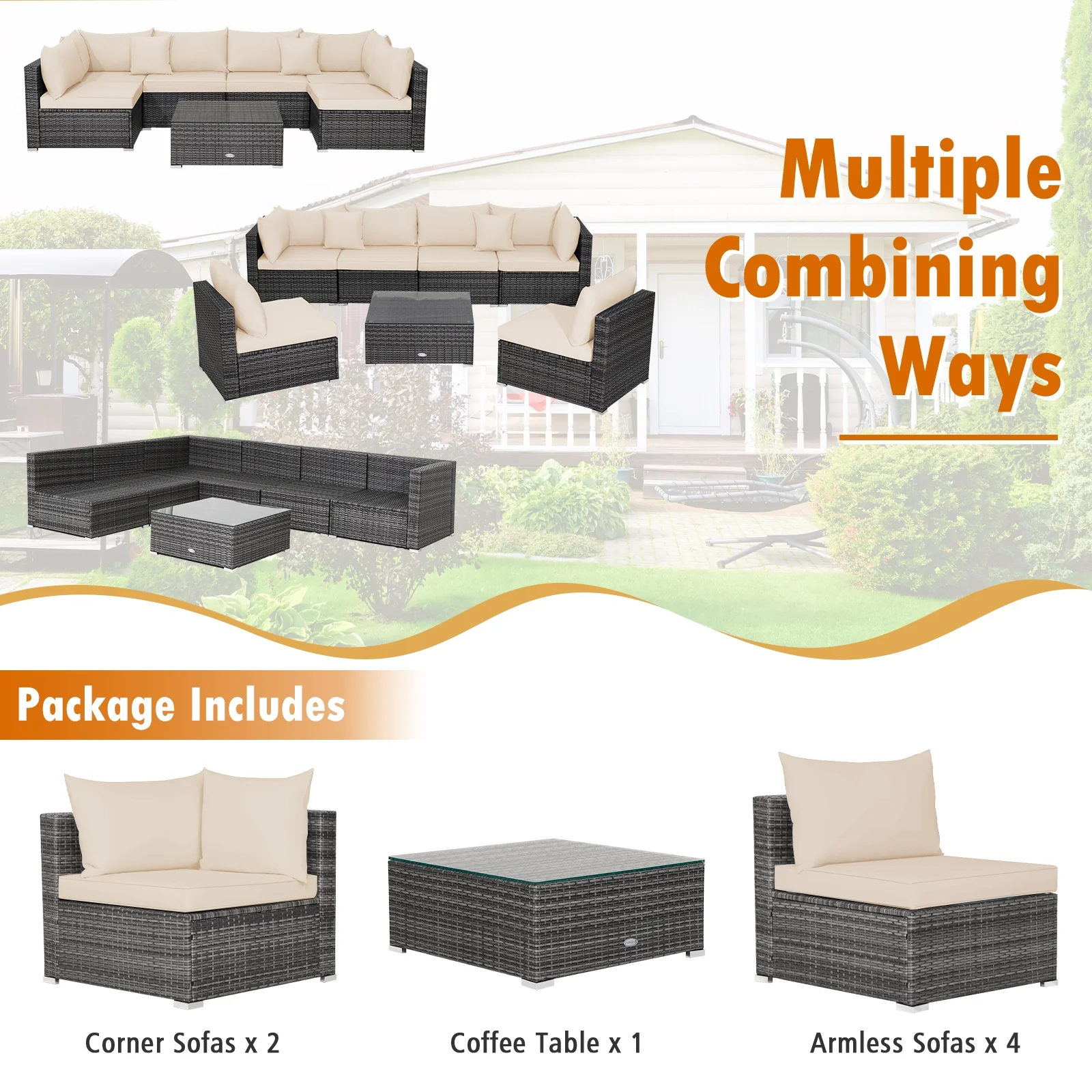 7-Piece Patio Rattan Furniture Set, Sectional Sofa Cushioned, Beige - Image 8