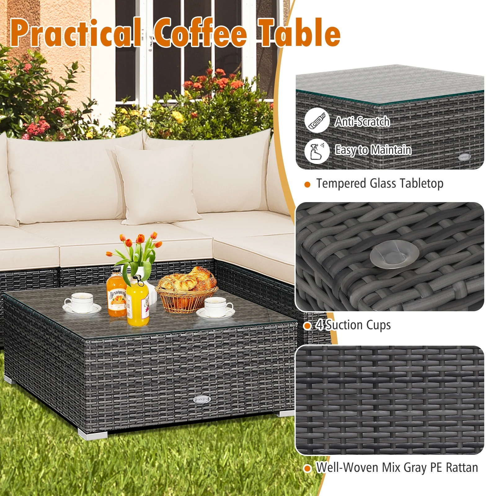 7-Piece Patio Rattan Furniture Set, Sectional Sofa Cushioned, Beige - Image 9