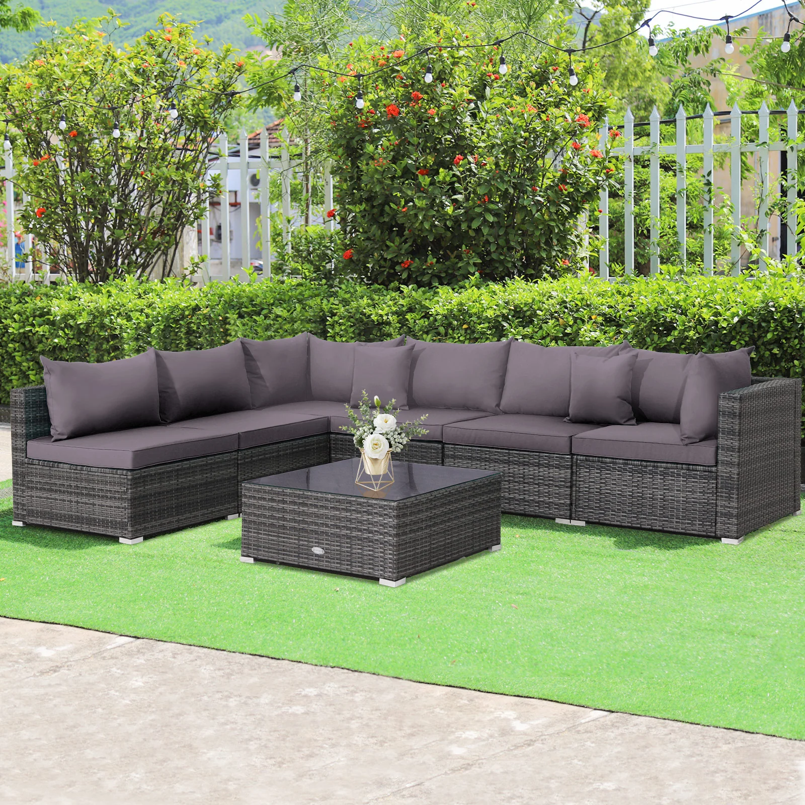 7-Piece Patio Rattan Furniture Set, Sectional Sofa, Gray - Image 3