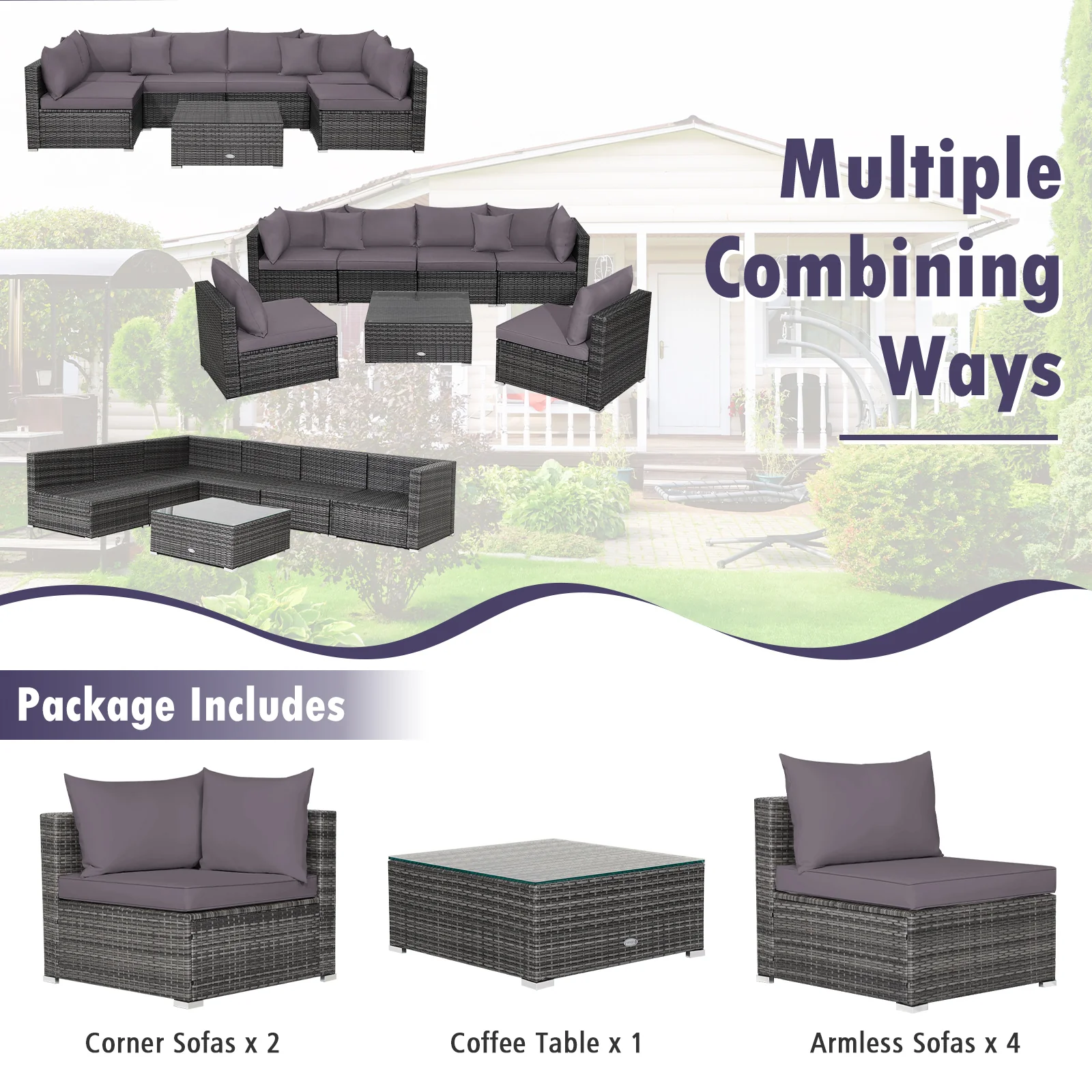 7-Piece Patio Rattan Furniture Set, Sectional Sofa, Gray - Image 7