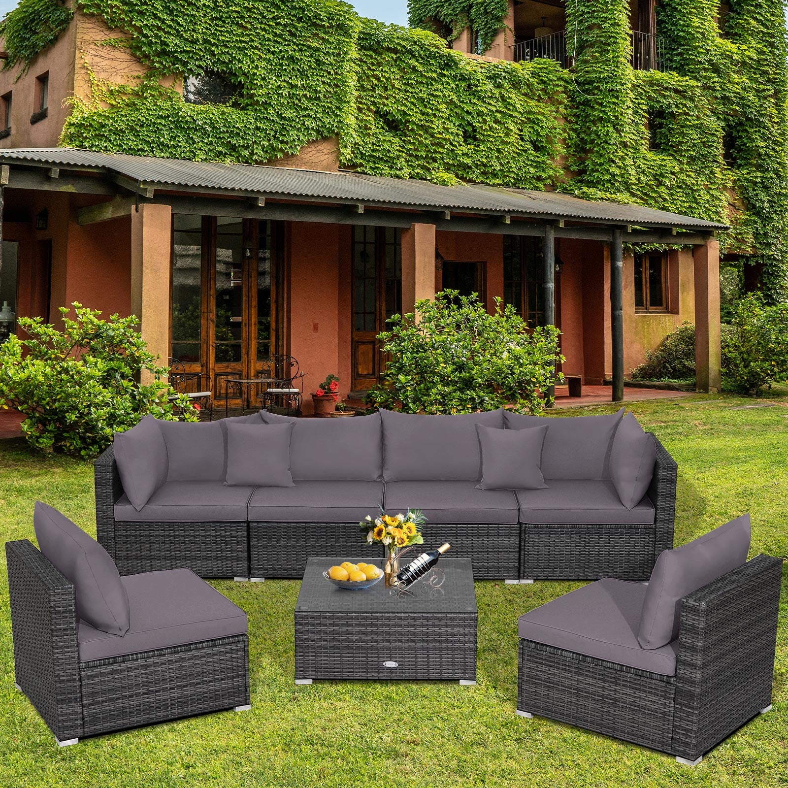 7-Piece Patio Rattan Furniture Set, Sectional Sofa, Gray - Image 8