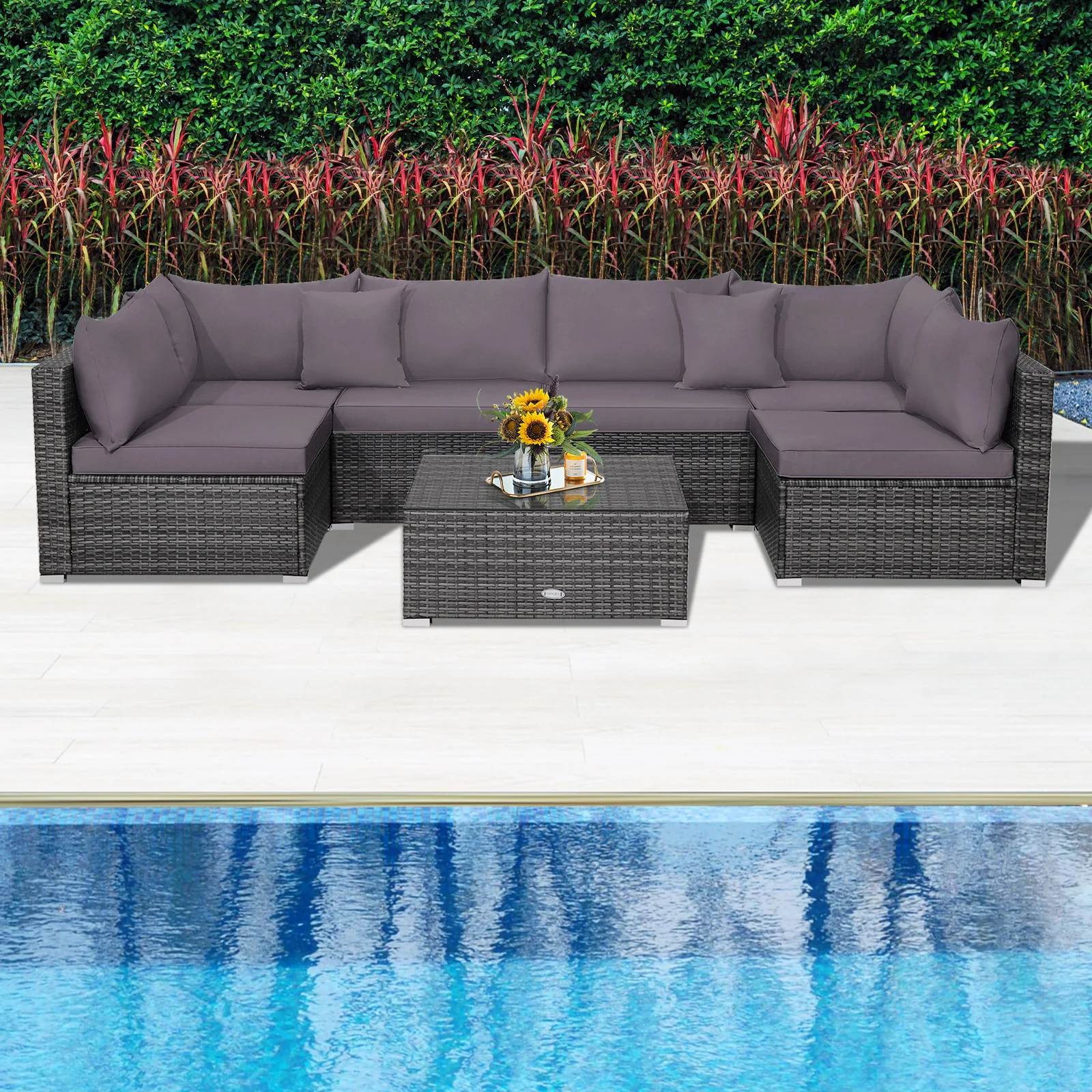 7-Piece Patio Rattan Furniture Set, Sectional Sofa, Gray - Image 9