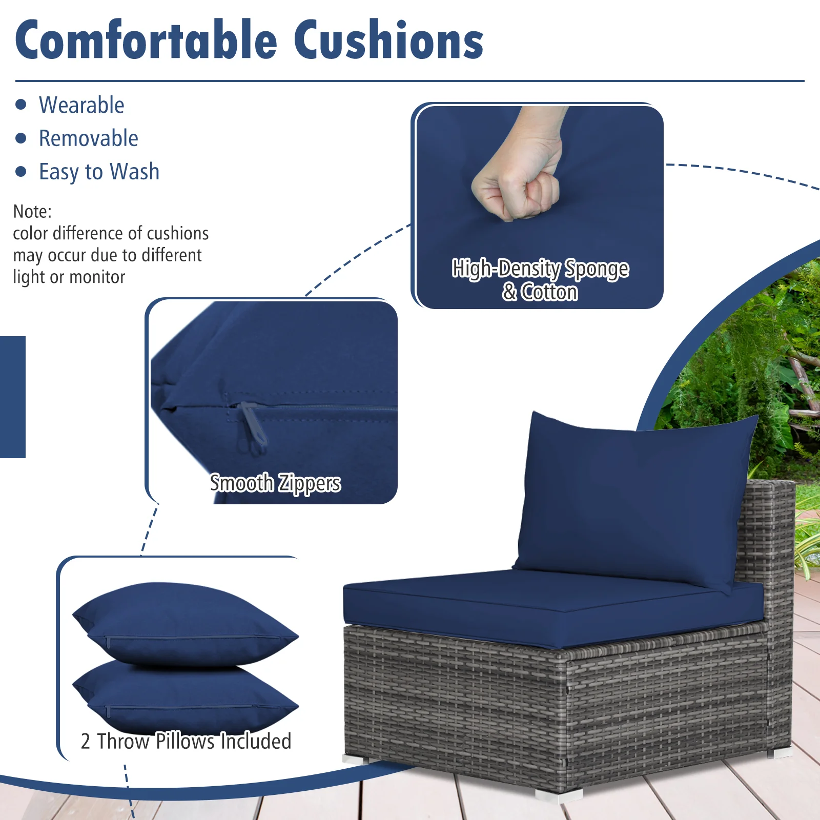 7-Piece Patio Rattan Furniture Set, Sectional Sofa, Navy - Image 10