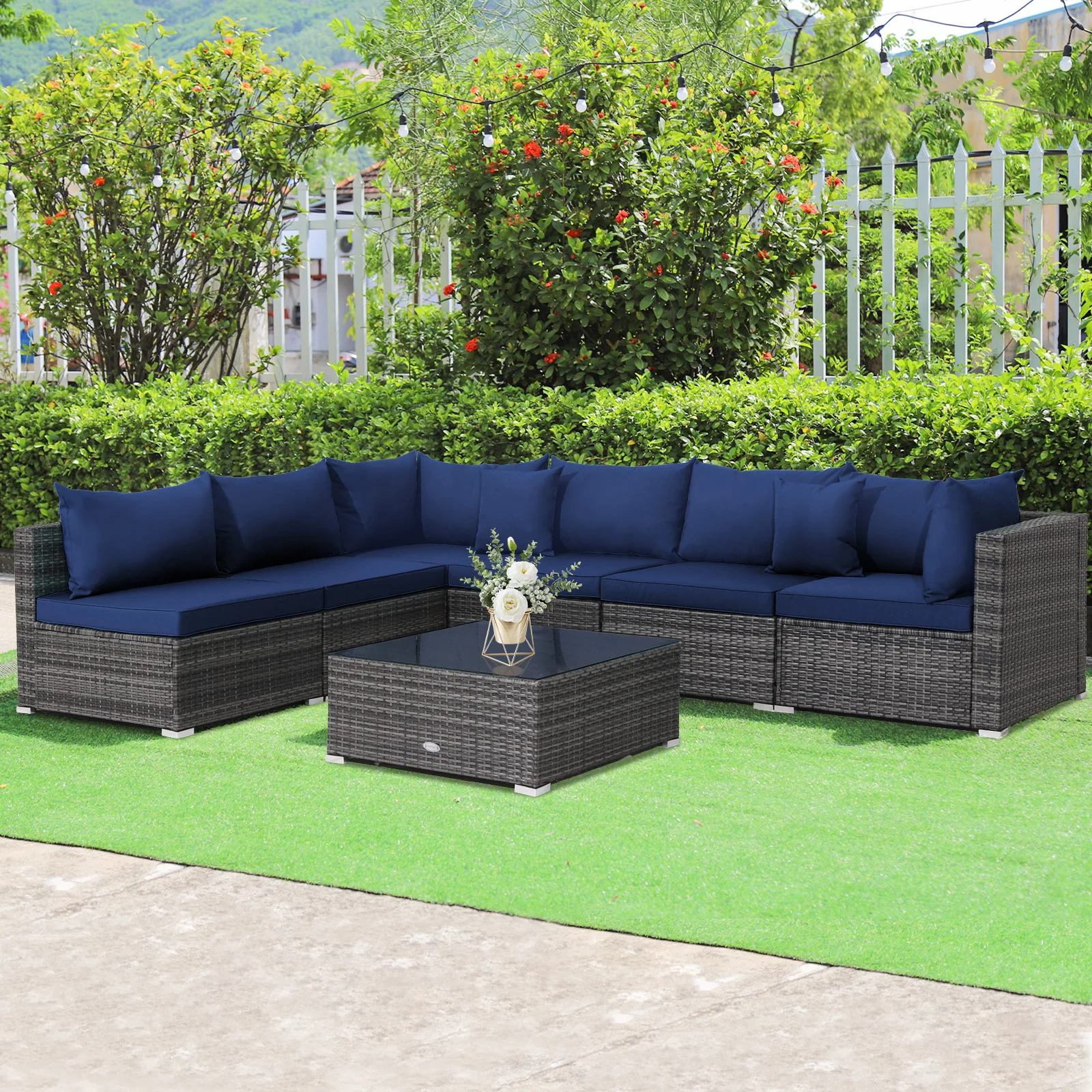 7-Piece Patio Rattan Furniture Set, Sectional Sofa, Navy - Image 3