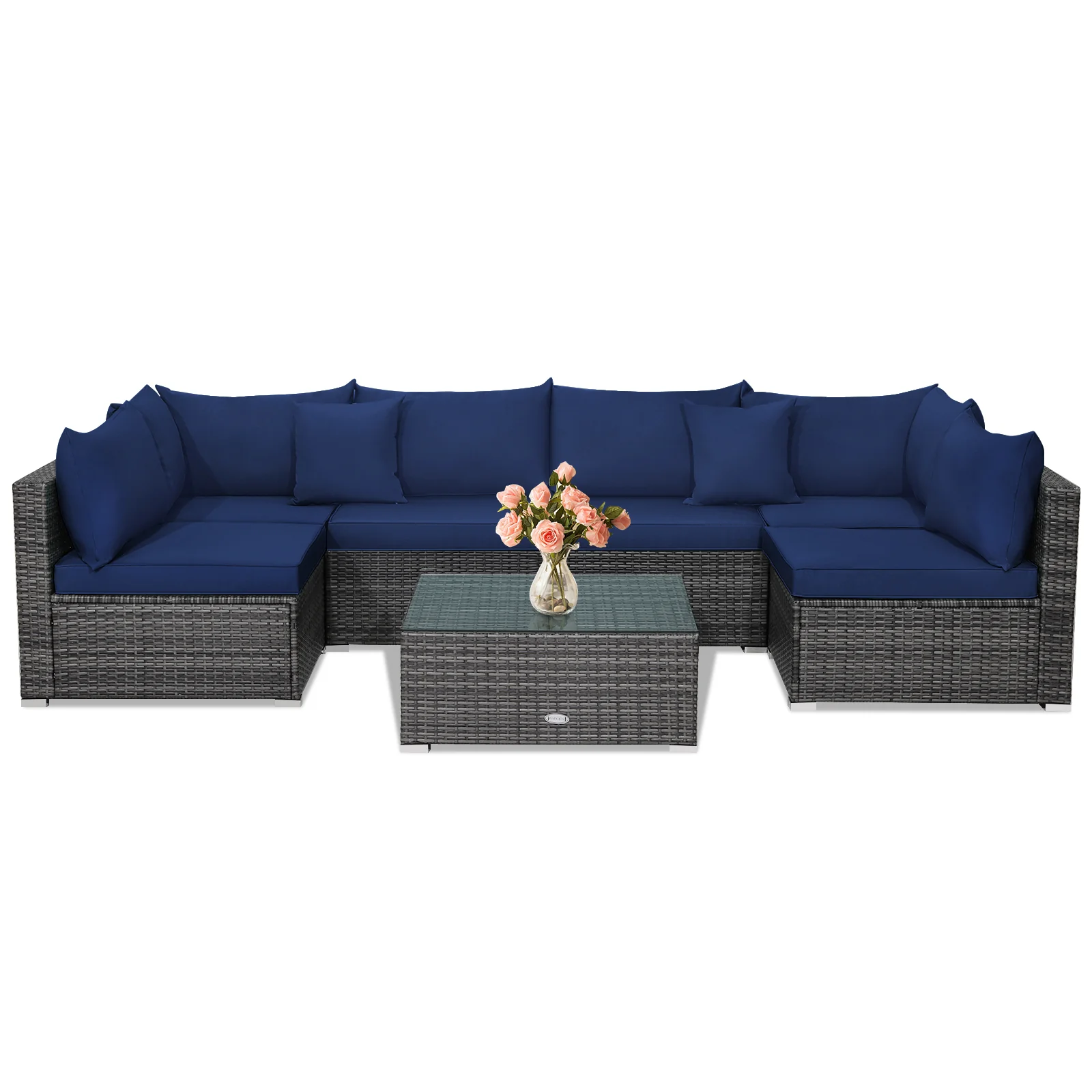 7-Piece Patio Rattan Furniture Set, Sectional Sofa, Navy - Image 5