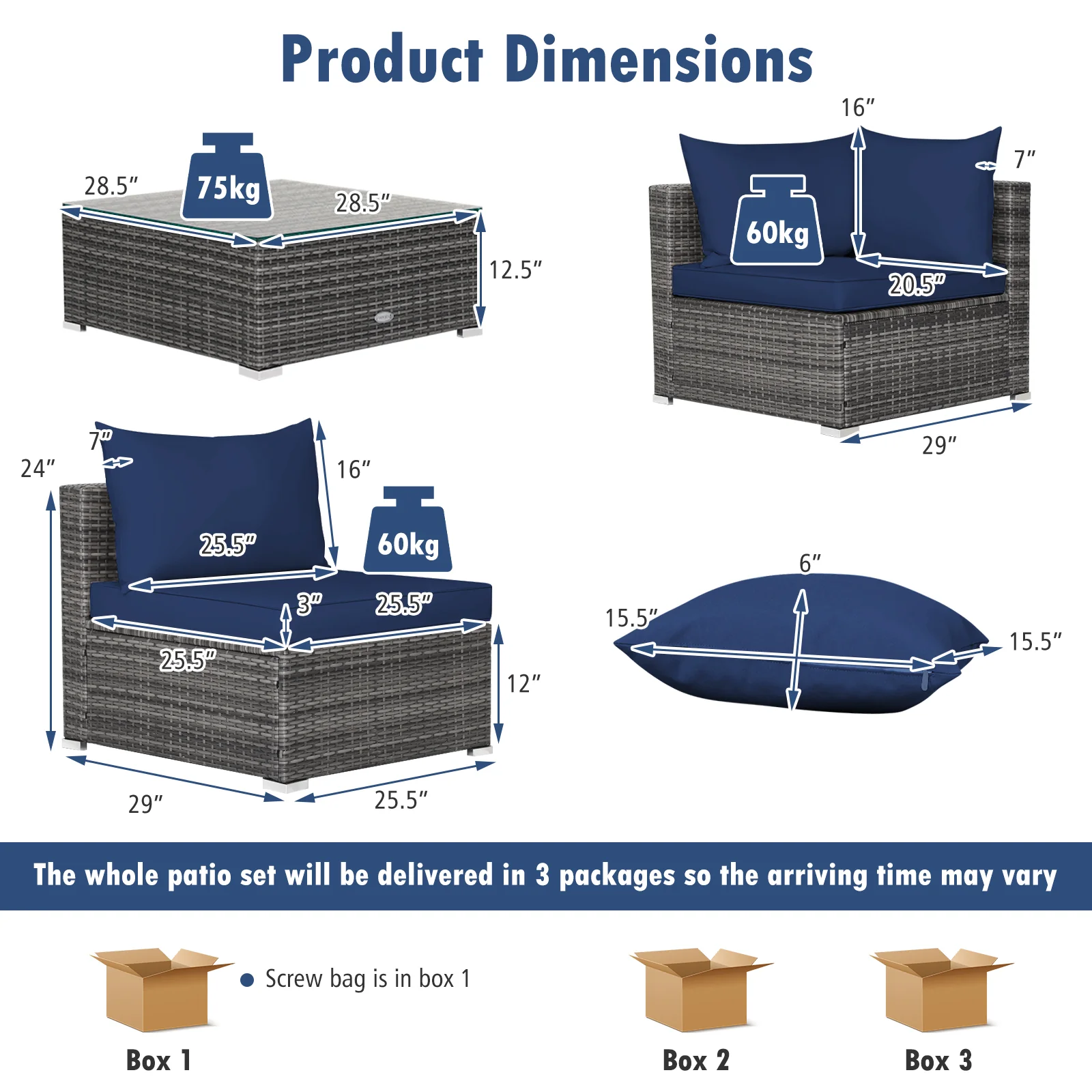 7-Piece Patio Rattan Furniture Set, Sectional Sofa, Navy - Image 6