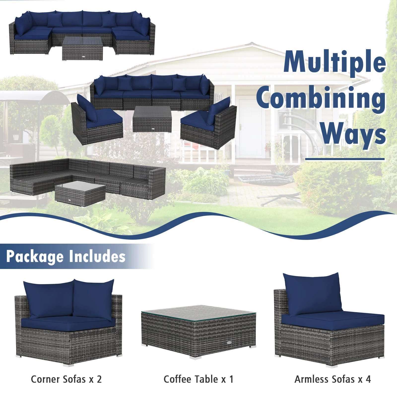 7-Piece Patio Rattan Furniture Set, Sectional Sofa, Navy - Image 7