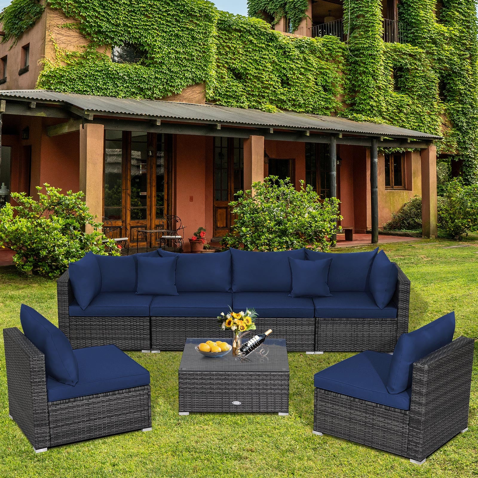 7-Piece Patio Rattan Furniture Set, Sectional Sofa, Navy - Image 8
