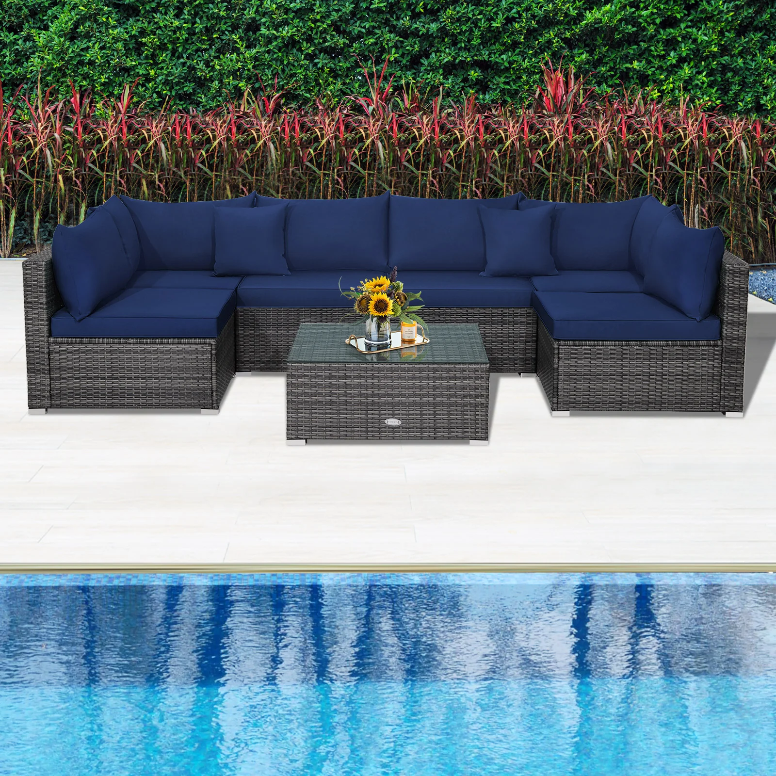 7-Piece Patio Rattan Furniture Set, Sectional Sofa, Navy - Image 9
