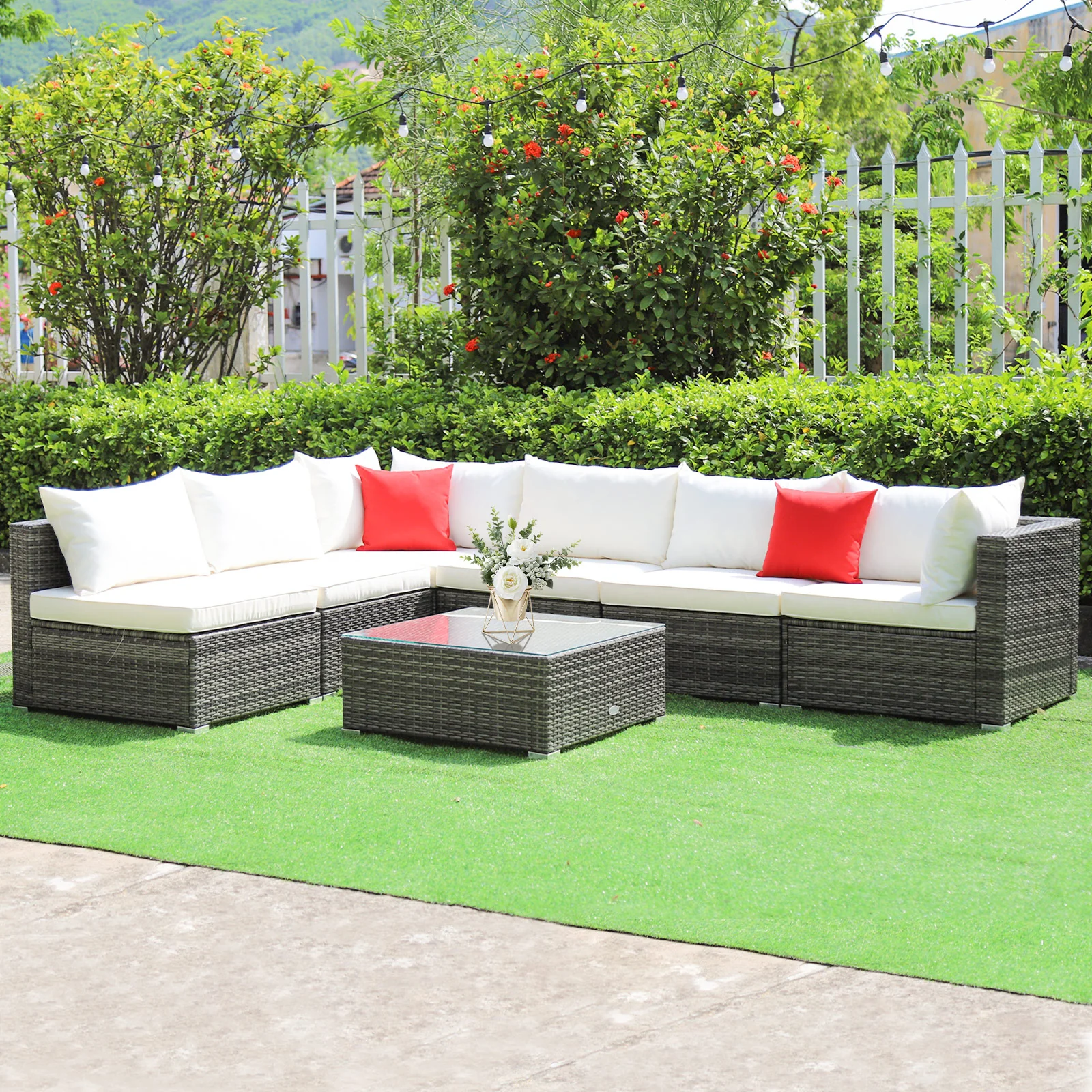 7-Piece Patio Rattan Furniture Set, Sectional Sofa, White - Image 2