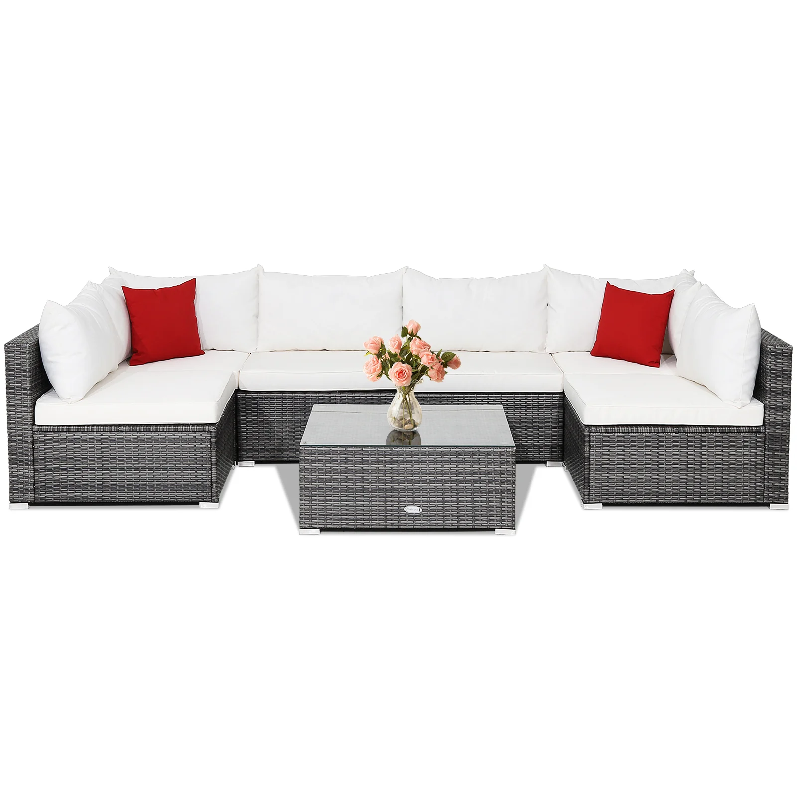 7-Piece Patio Rattan Furniture Set, Sectional Sofa, White - Image 5