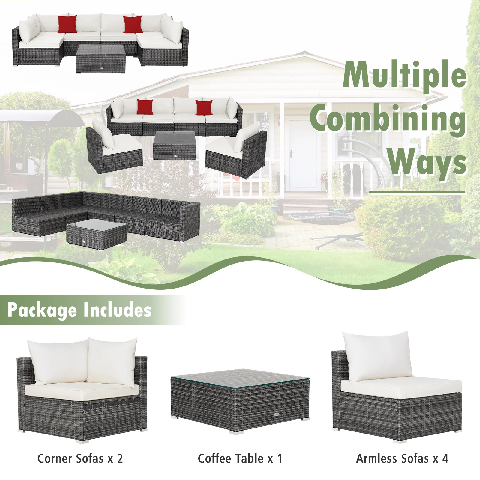 7-Piece Patio Rattan Furniture Set, Sectional Sofa, White - Image 7