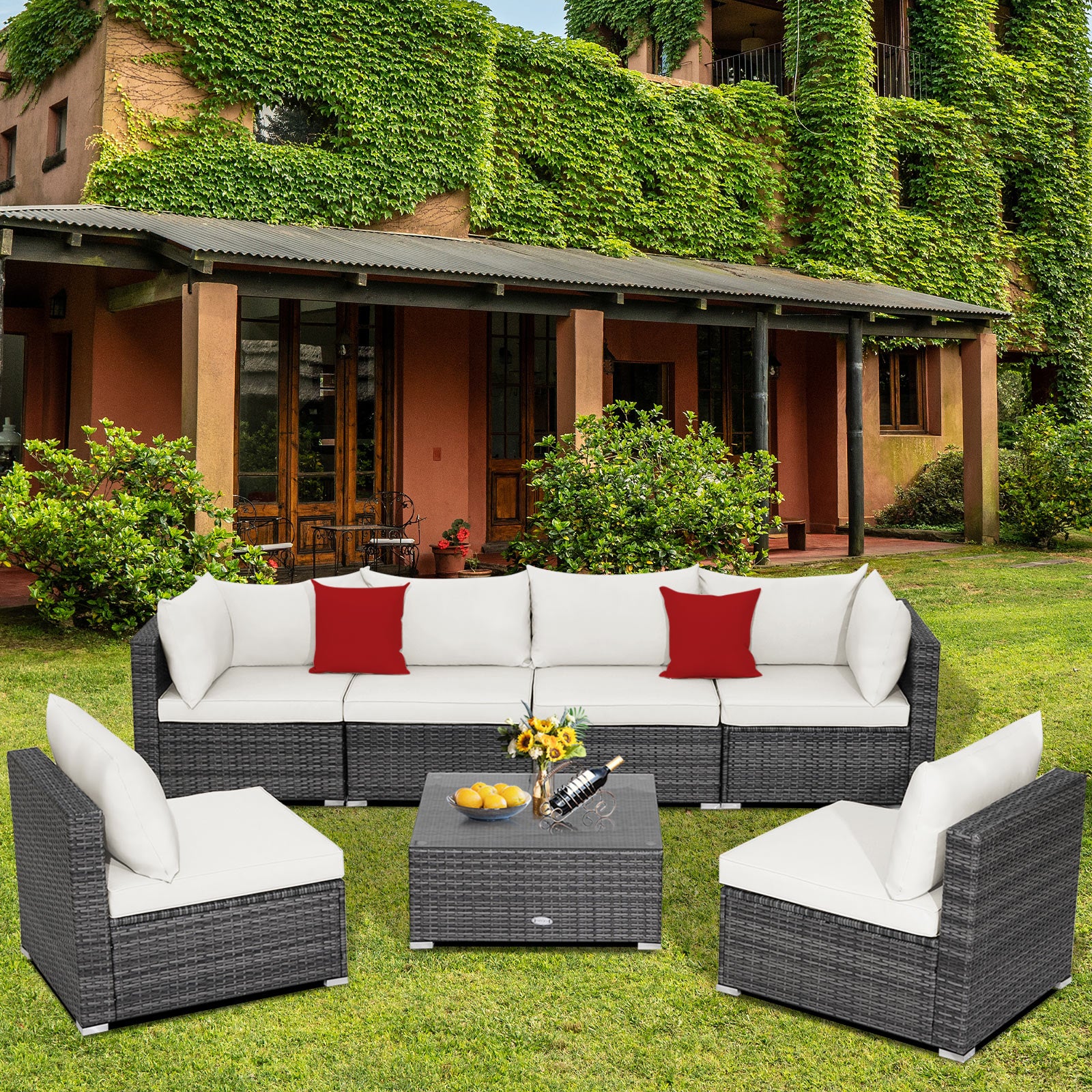 7-Piece Patio Rattan Furniture Set, Sectional Sofa, White - Image 8