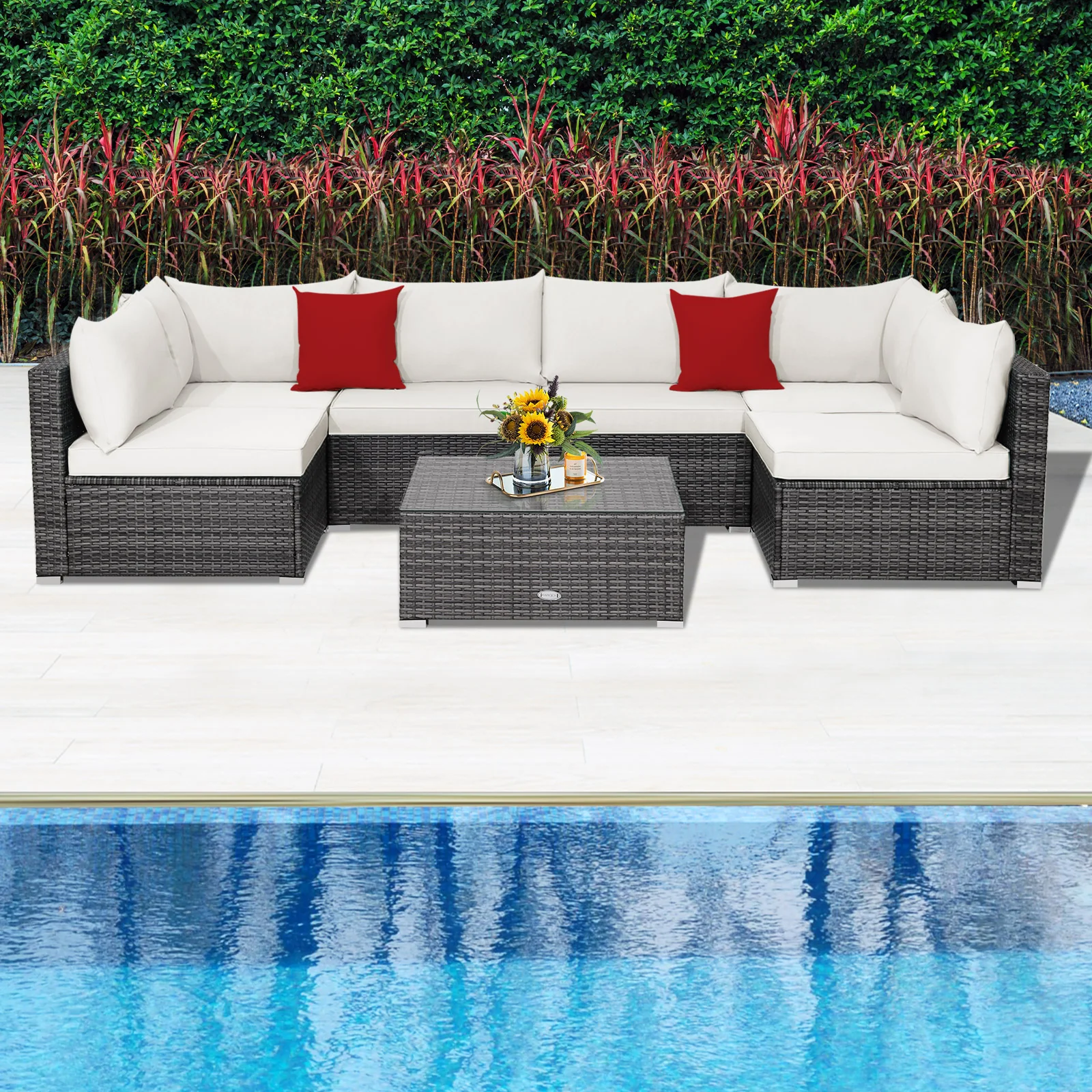 7-Piece Patio Rattan Furniture Set, Sectional Sofa, White - Image 9