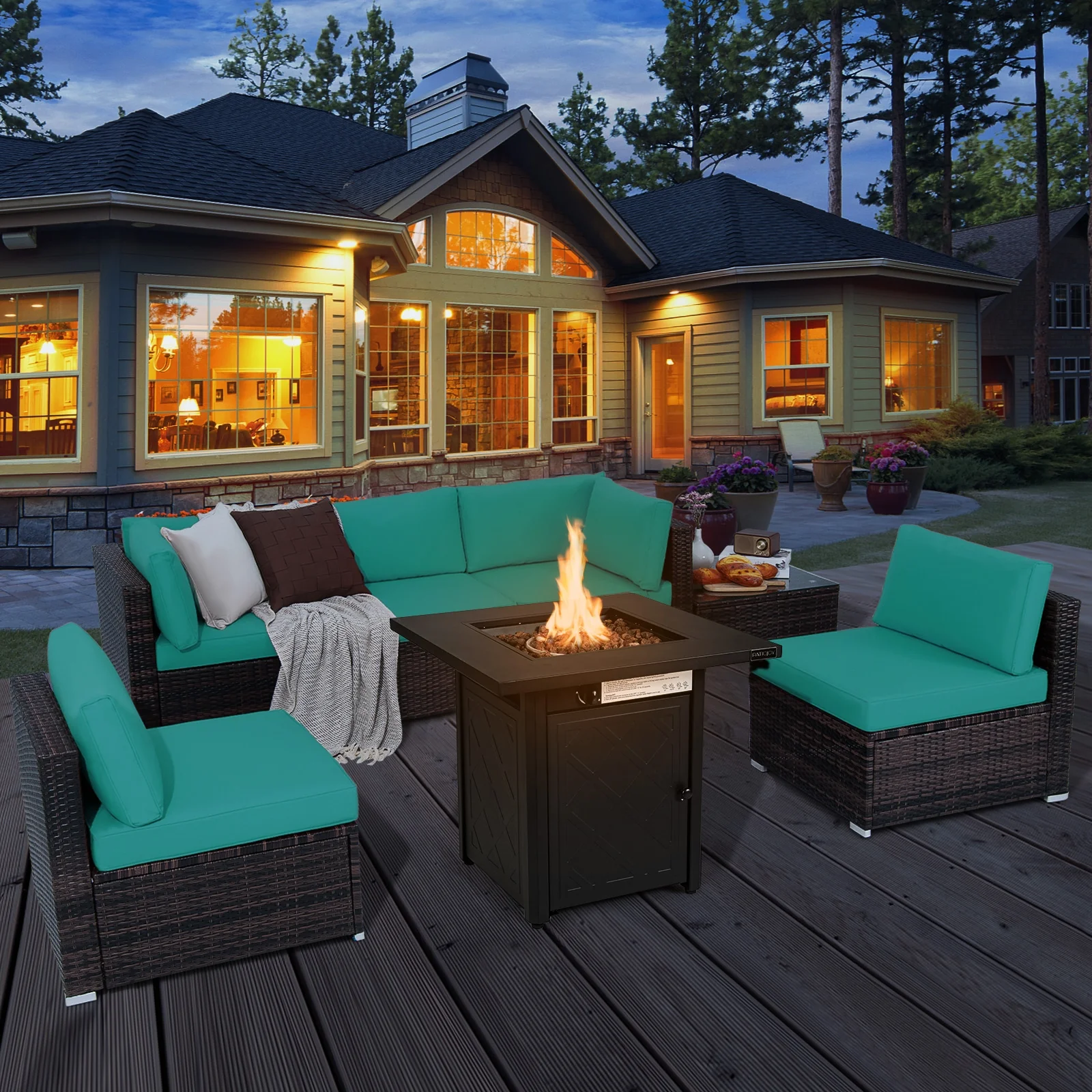 7-Piece Patio Set, 28 Inches 50000 BTU Propane Fire Pit Table, Turquoise