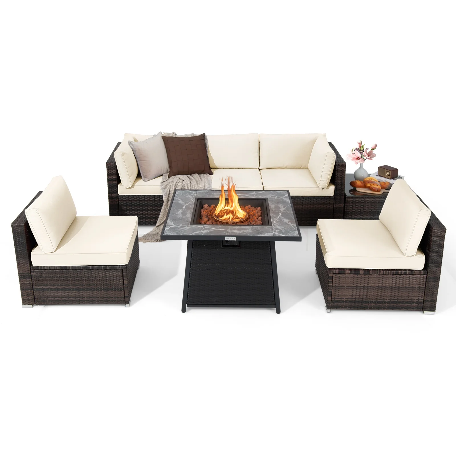 7 Piece Patio Set, 35 Inch 50000 BTU Propane Fire Pit Table, White