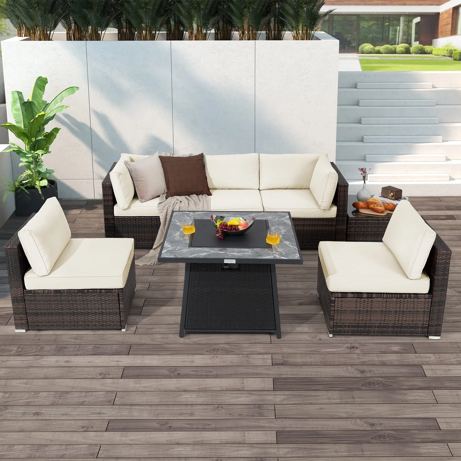 7 Piece Patio Set, 35 Inch 50000 BTU Propane Fire Pit Table, White - Image 3